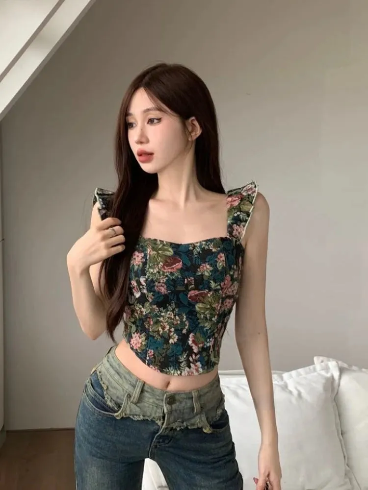 Girlary Floral Print French Vintage Vest Women Ruffles Korean Fashion Sexy Tank Top Female Holiday Party Elegant Designer Camis New
