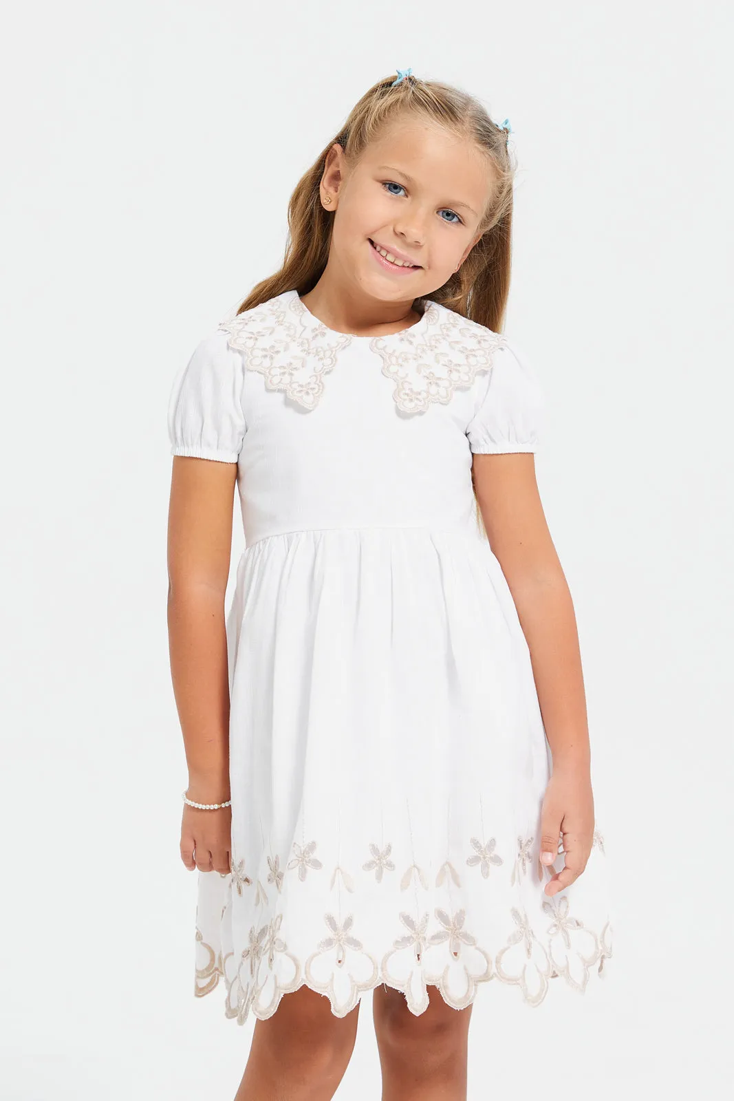 Girls White Embroidered Collar Dress