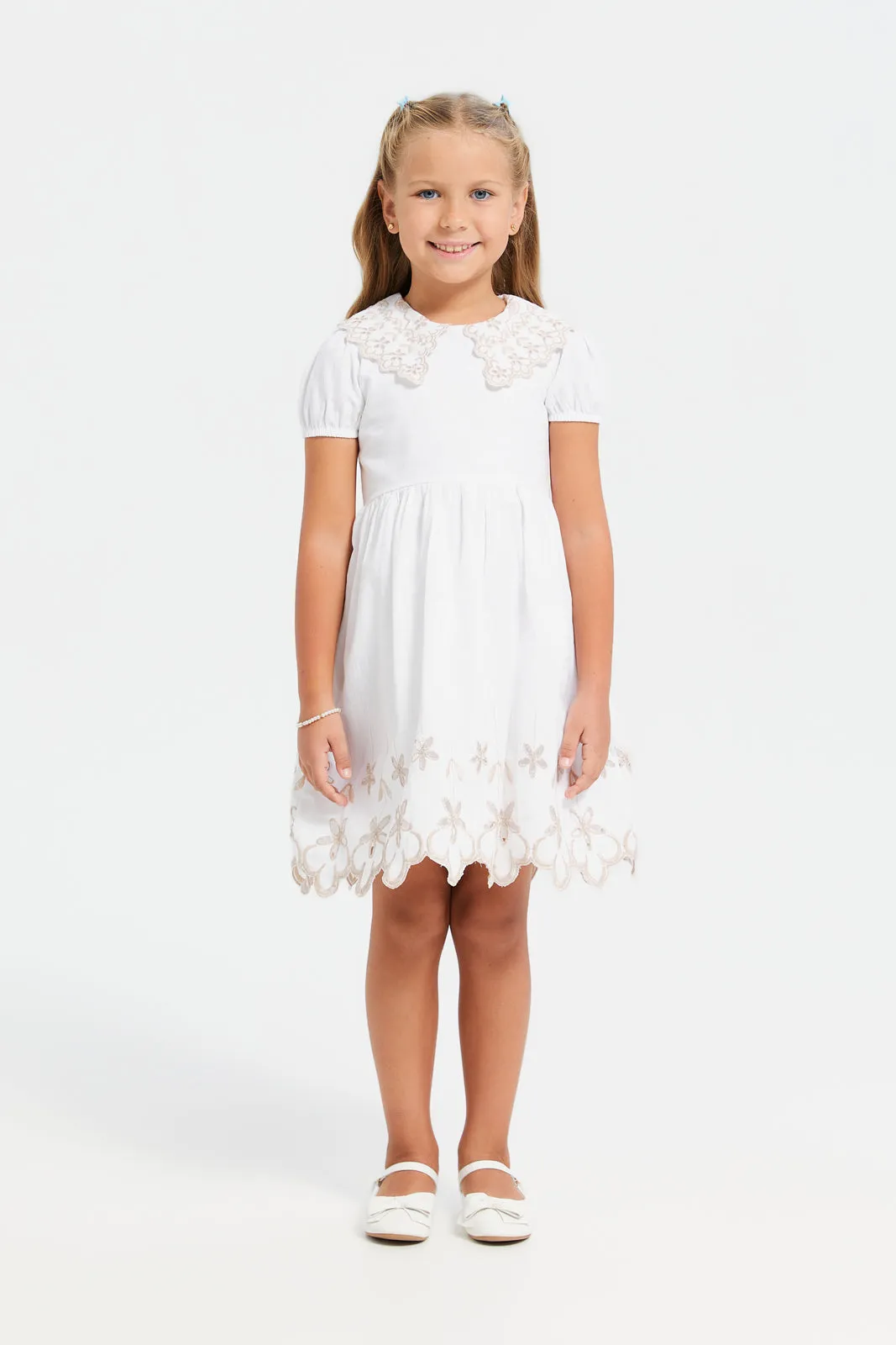 Girls White Embroidered Collar Dress