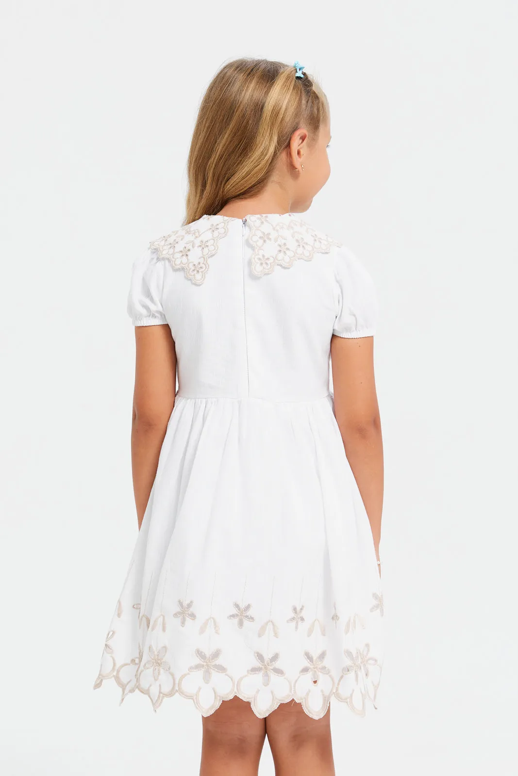 Girls White Embroidered Collar Dress