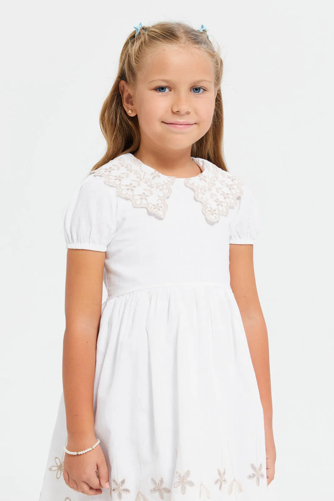 Girls White Embroidered Collar Dress