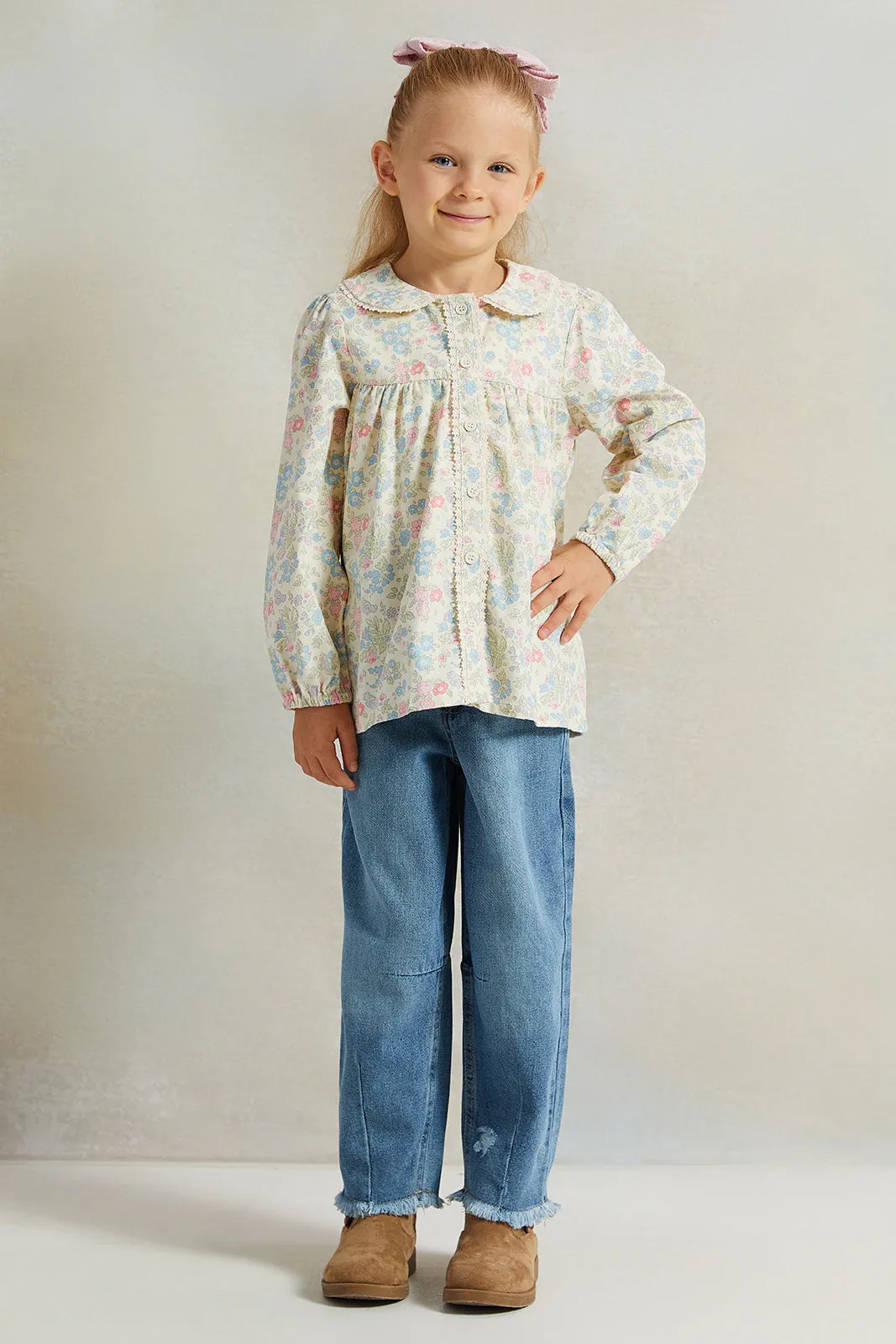 Girls White Floral  Peter Pan Collar Blouse