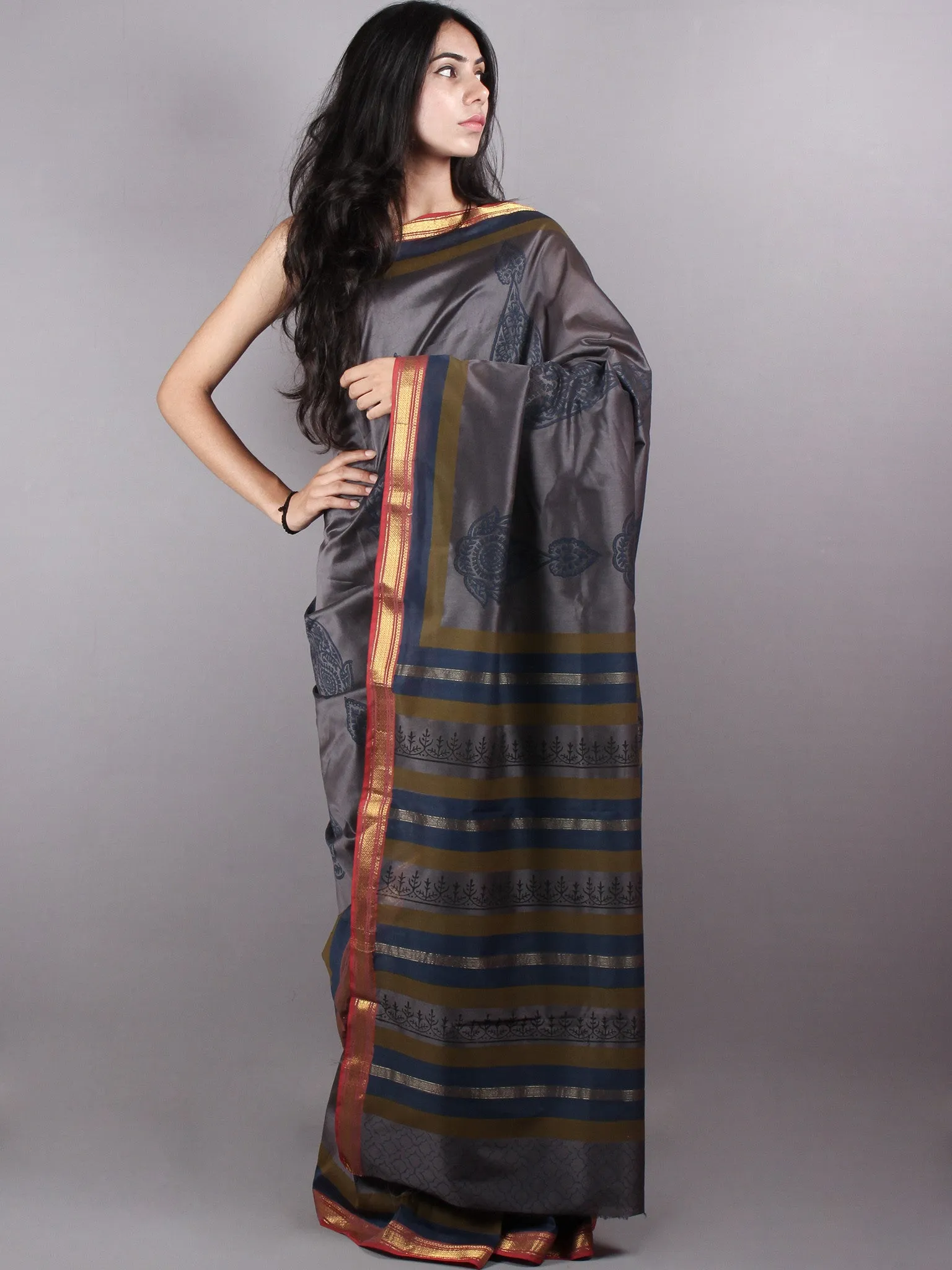 Grey Blue Mono Chanderi  Hand Block Printed Saree with Zari Border - S0317208
