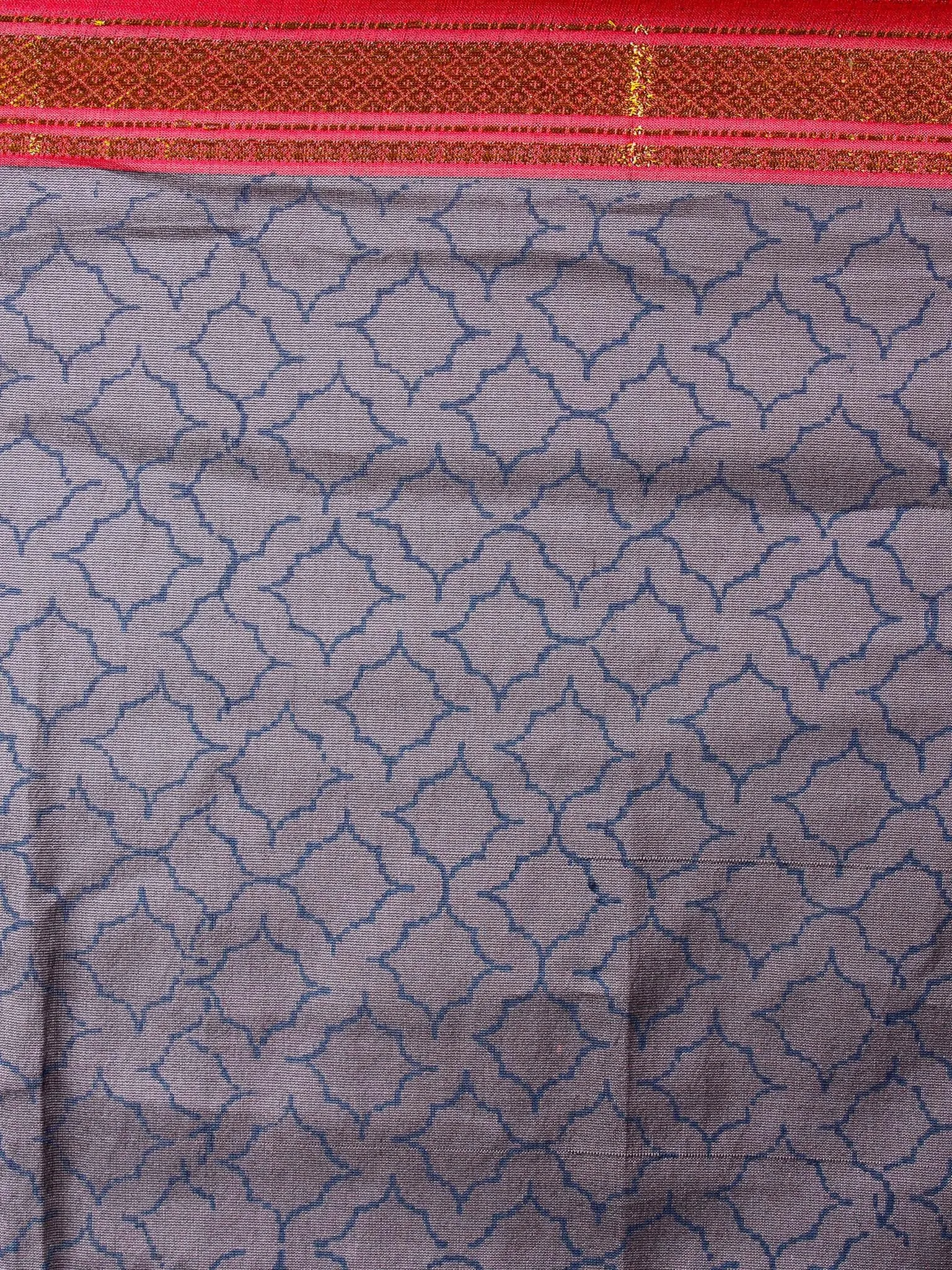 Grey Blue Mono Chanderi  Hand Block Printed Saree with Zari Border - S0317208