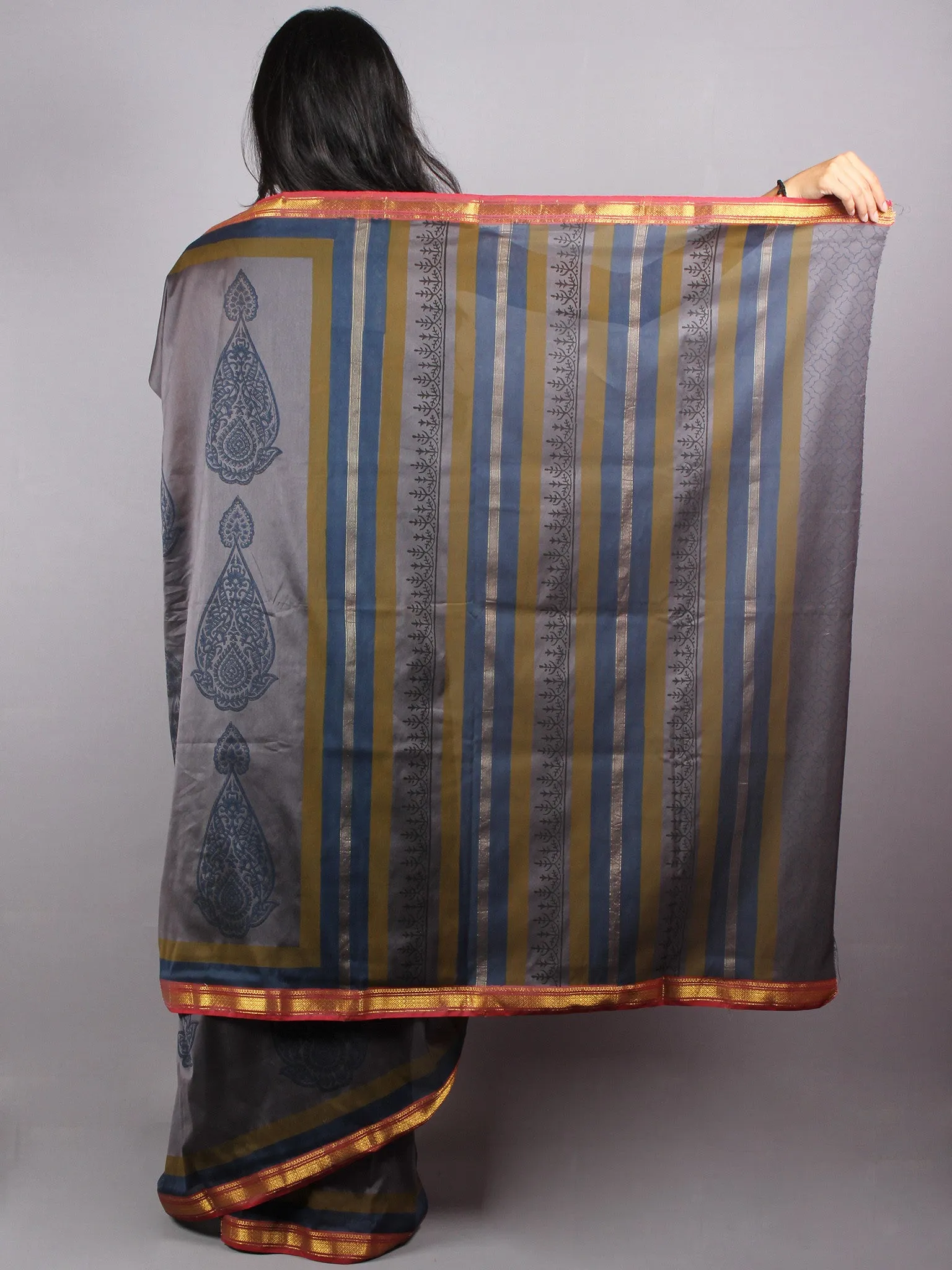 Grey Blue Mono Chanderi  Hand Block Printed Saree with Zari Border - S0317208