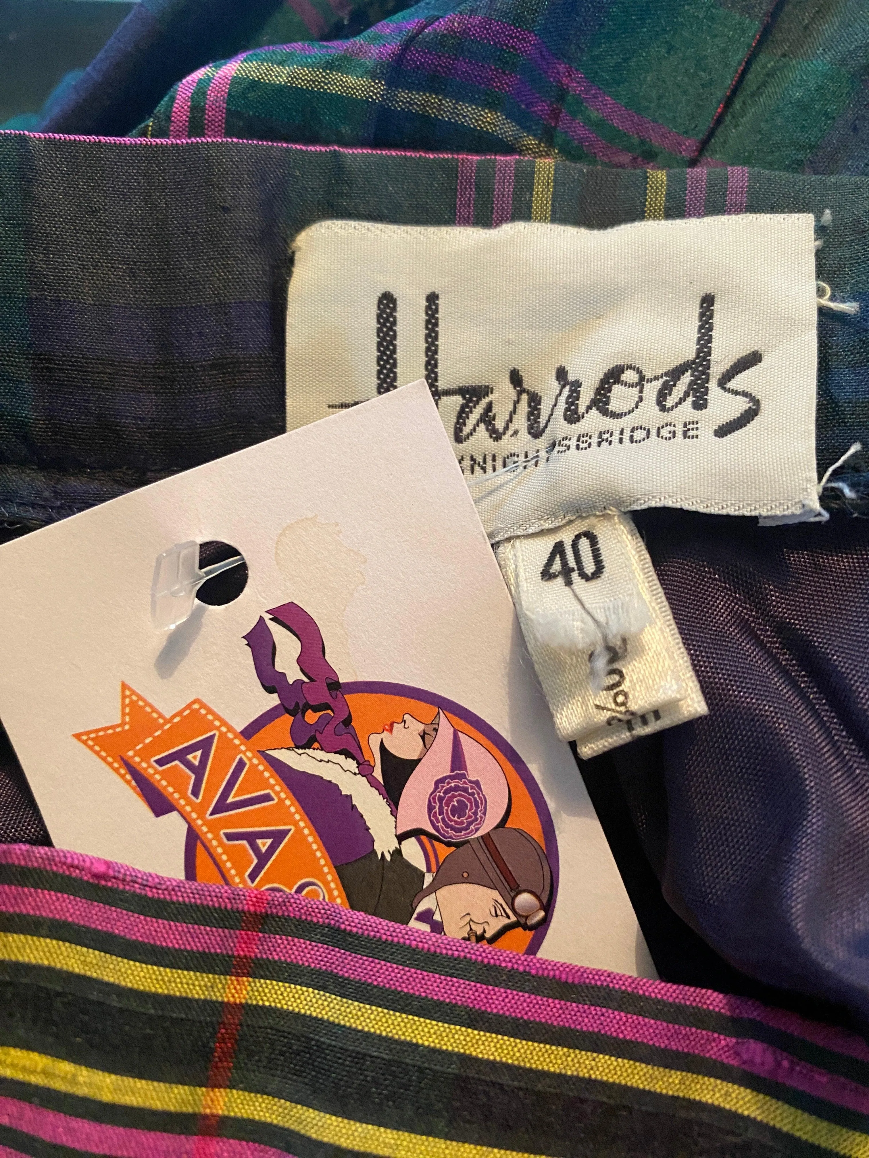Harrods Vintage Silk Skirt Green and Purple Tartan/ Plaid UK Size 8