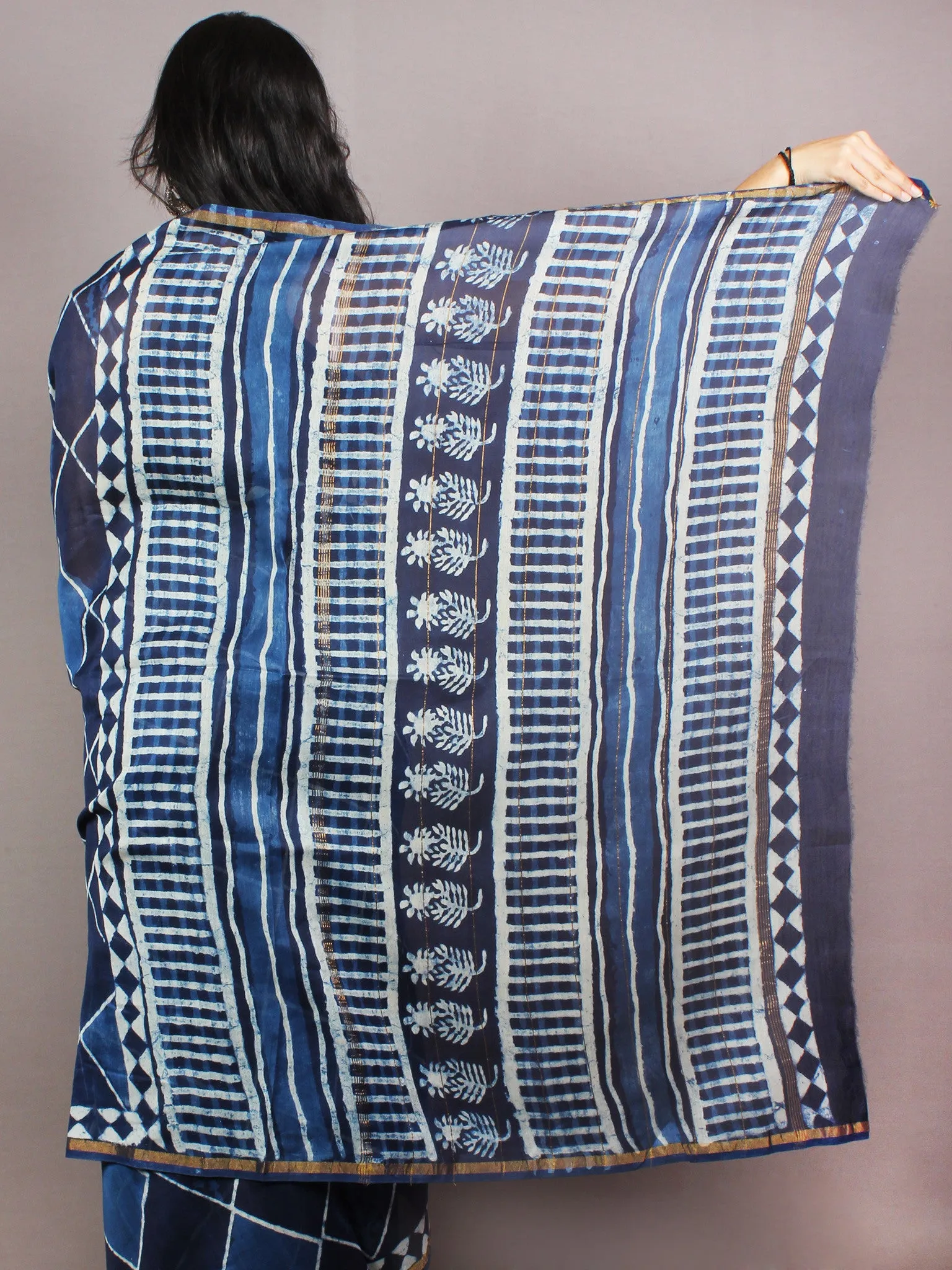 Indigo Beige Hand Block Printed in Natural Colors Chanderi Saree - S03170762