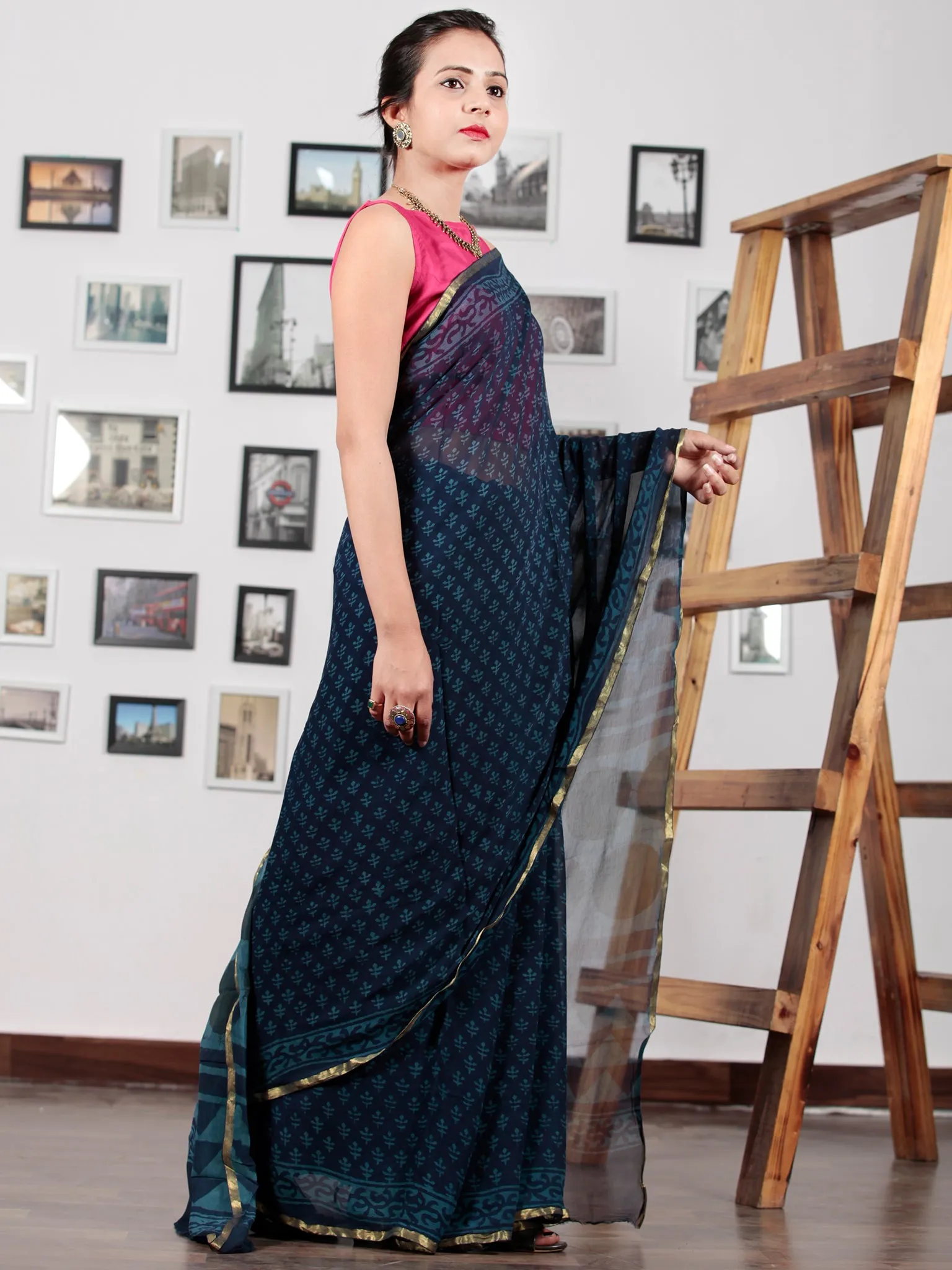 Indigo Blue Hand Block Printed Chiffon Saree with Zari Border - S031702753