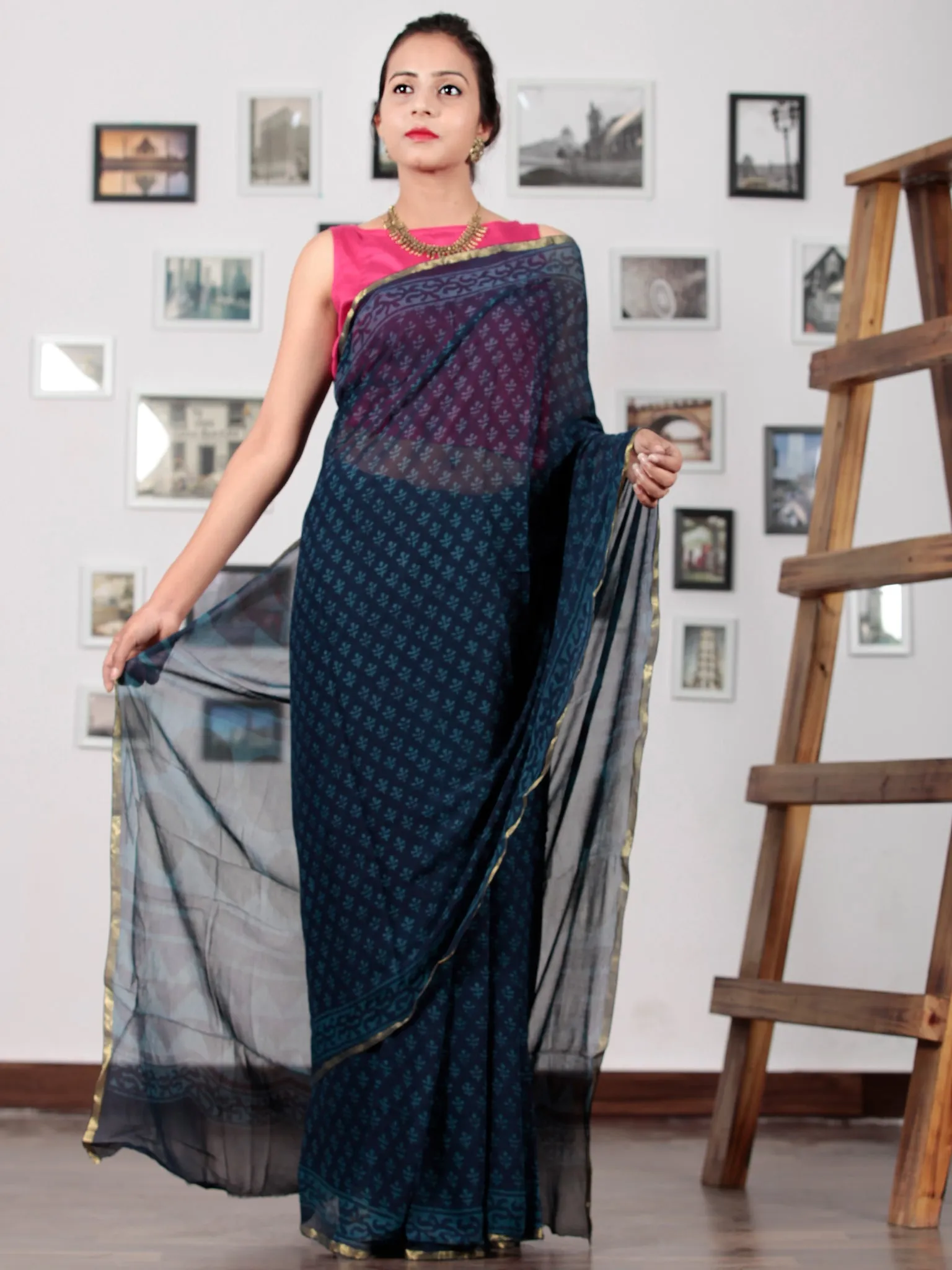 Indigo Blue Hand Block Printed Chiffon Saree with Zari Border - S031702753