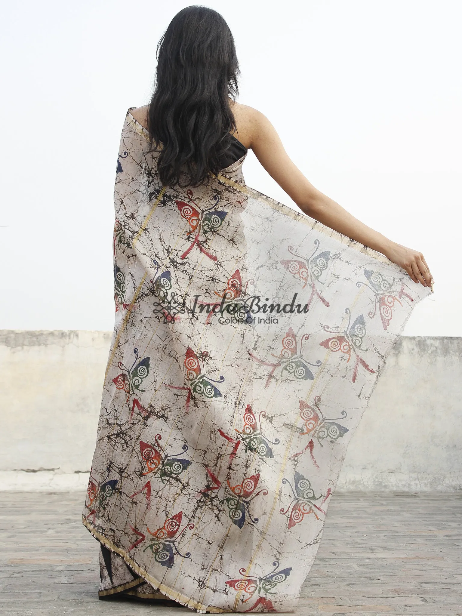 Ivory Black Red Hand Block & Batik Printed Chanderi Saree - S031702353