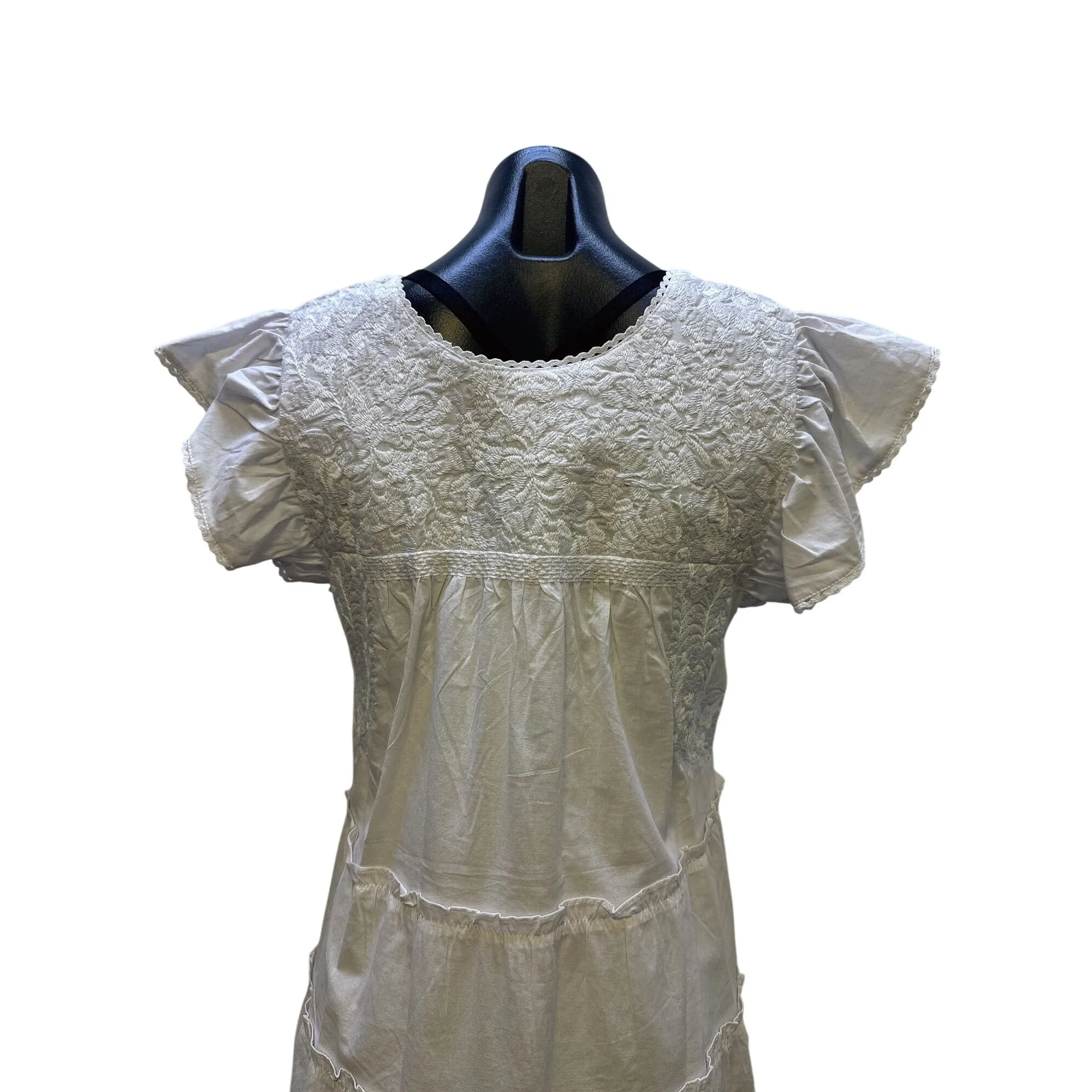 J. Marie White Embroidered Tiered Short-Sleeve Dress w/Ruffle Details Size S