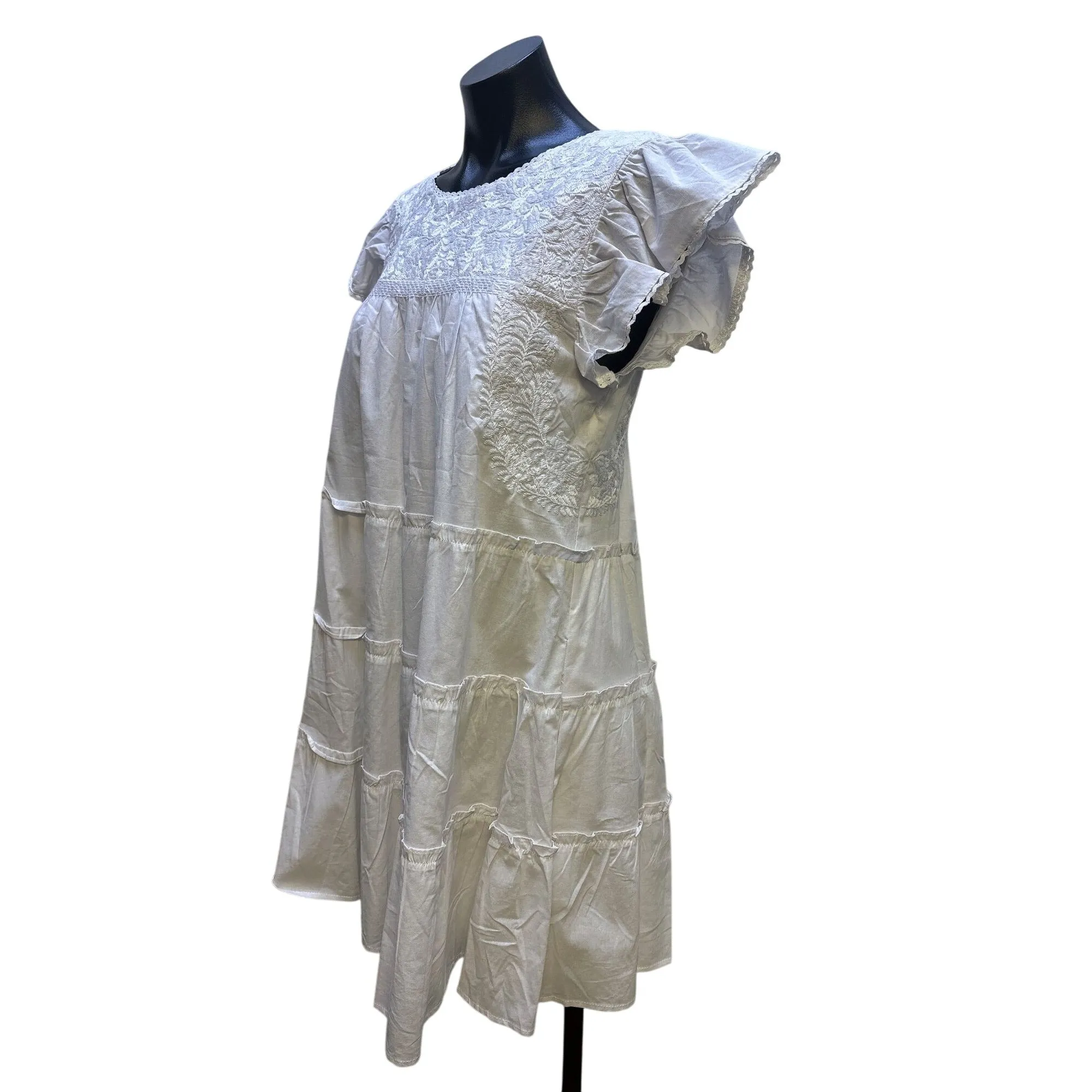 J. Marie White Embroidered Tiered Short-Sleeve Dress w/Ruffle Details Size S
