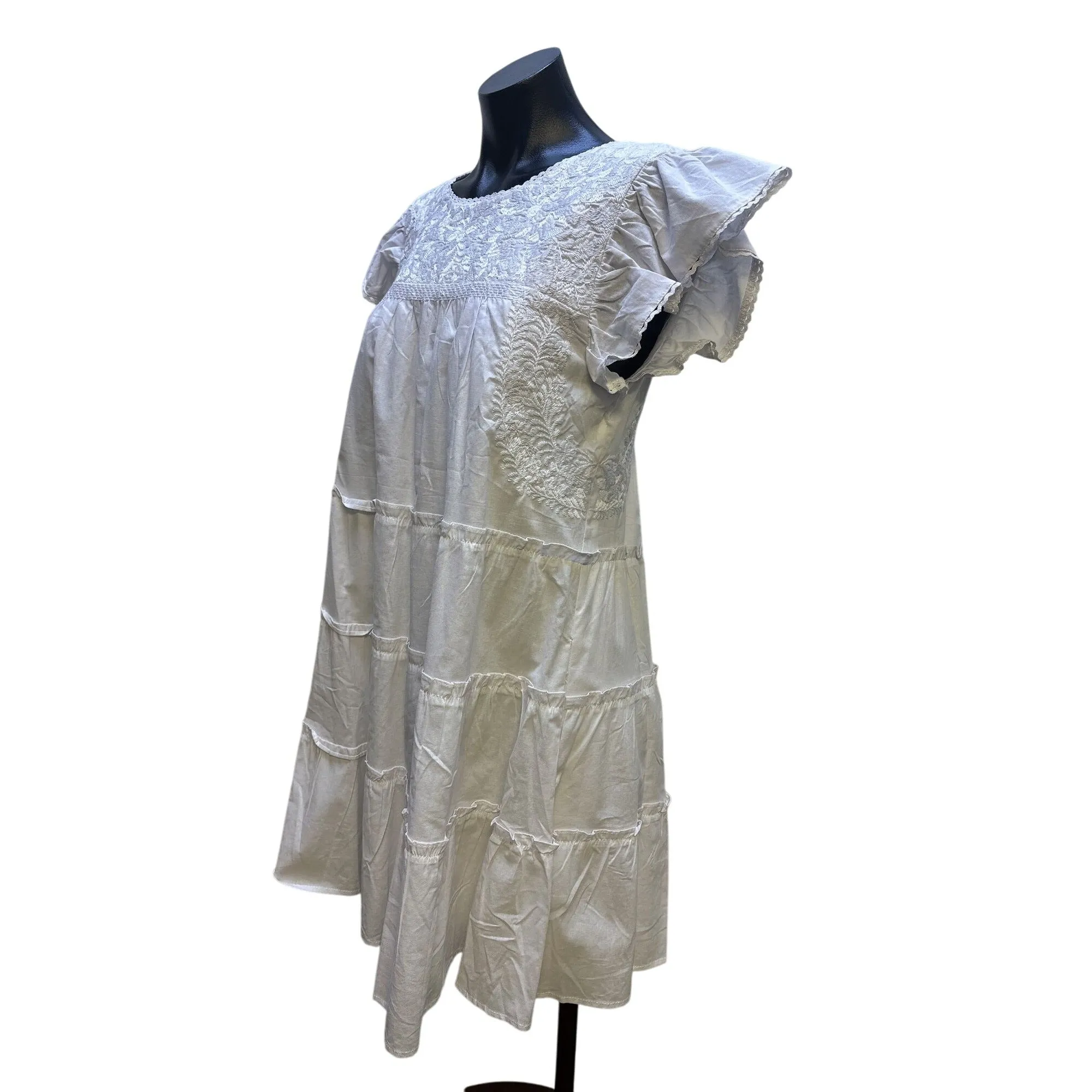 J. Marie White Embroidered Tiered Short-Sleeve Dress w/Ruffle Details Size S