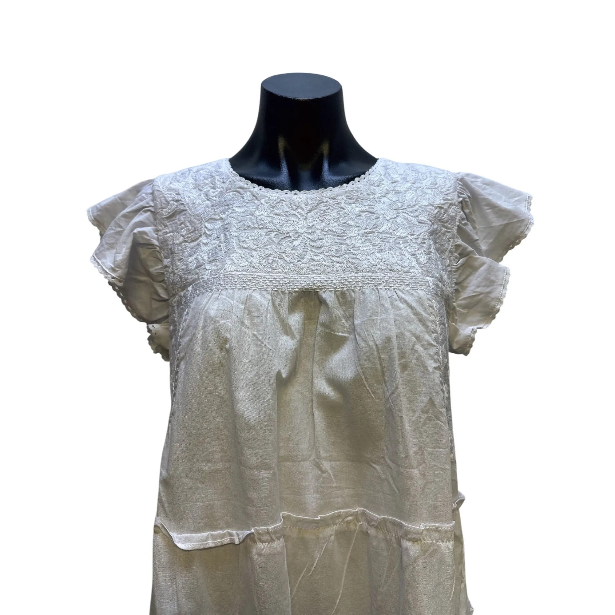 J. Marie White Embroidered Tiered Short-Sleeve Dress w/Ruffle Details Size S