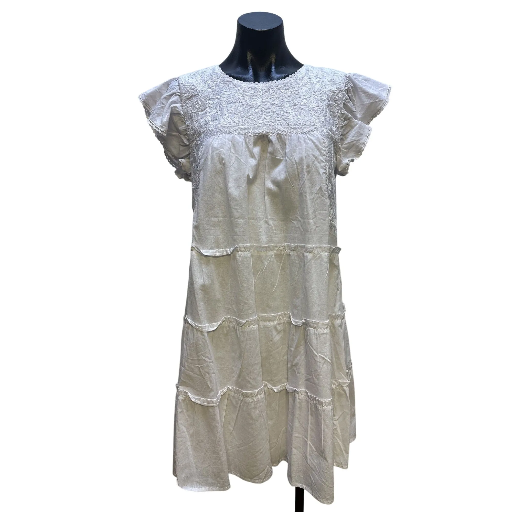 J. Marie White Embroidered Tiered Short-Sleeve Dress w/Ruffle Details Size S