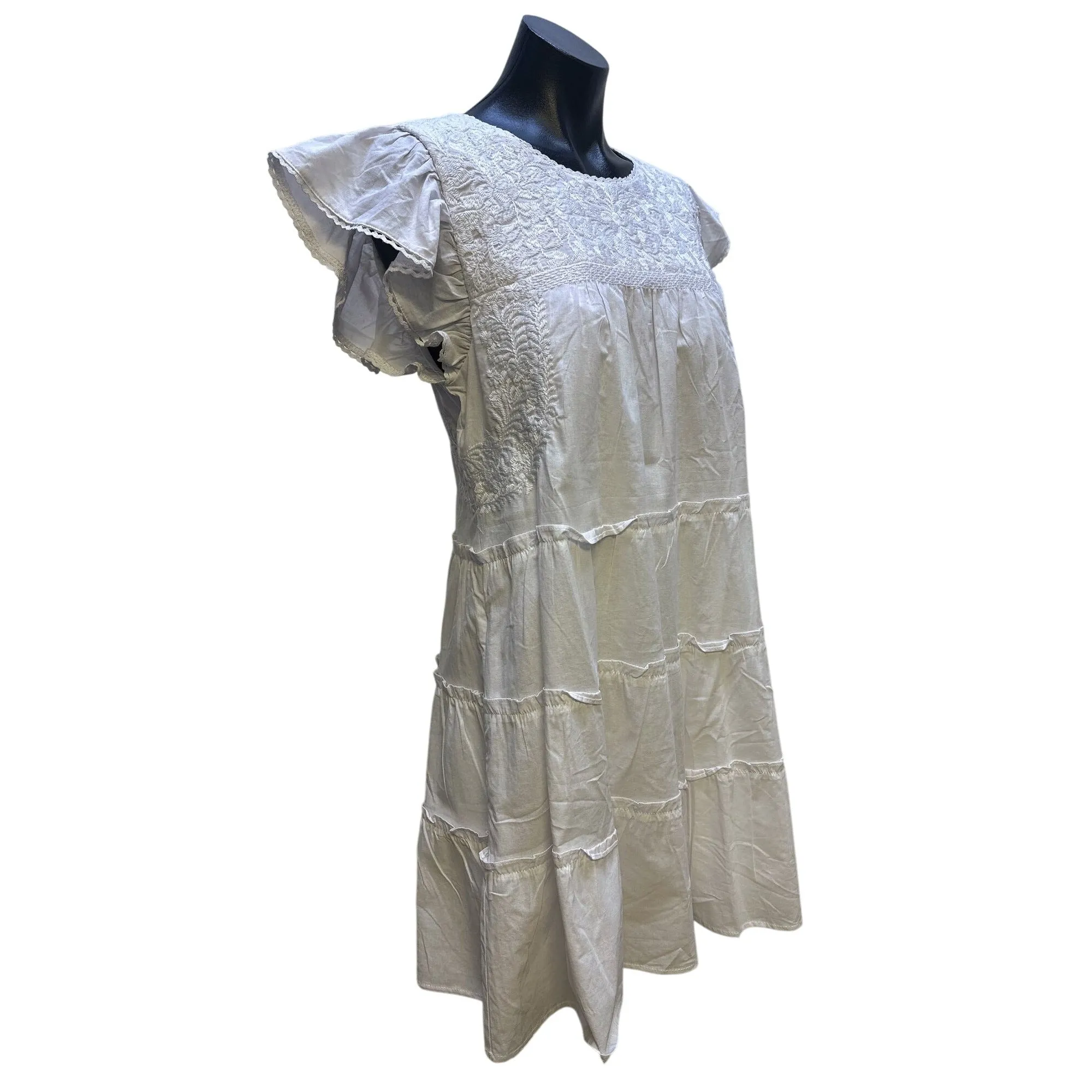 J. Marie White Embroidered Tiered Short-Sleeve Dress w/Ruffle Details Size S
