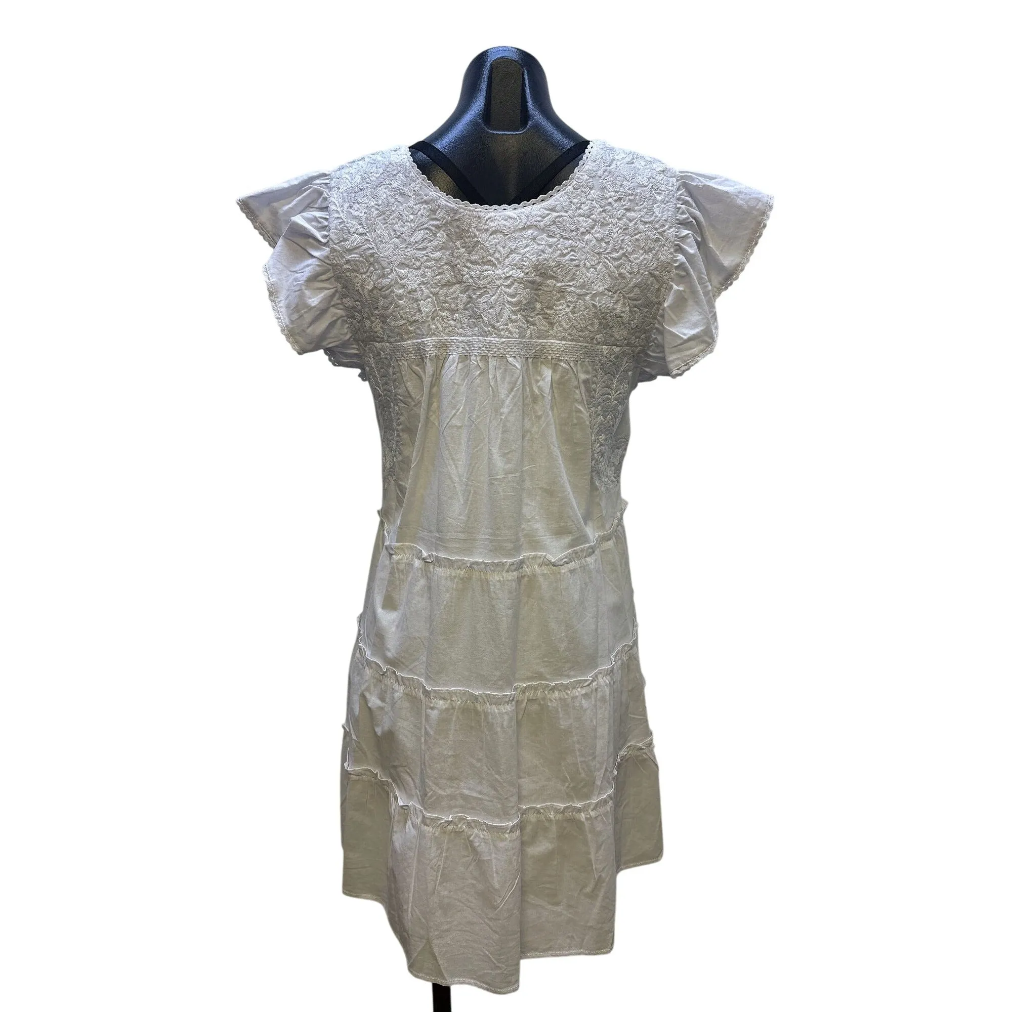 J. Marie White Embroidered Tiered Short-Sleeve Dress w/Ruffle Details Size S