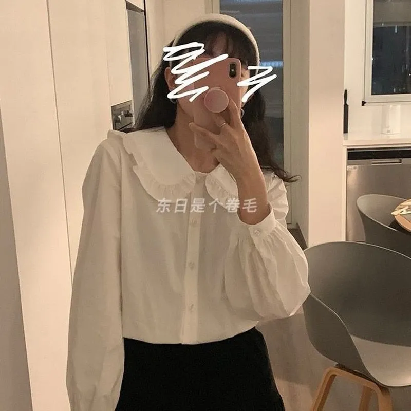 Joskaa HOUZHOU White Shirt Women Vintage Elegant Blouse Female Long Sleeve Sweet Preppy Style Kawaii Chic Basic Shirts Lolita Aesthetic