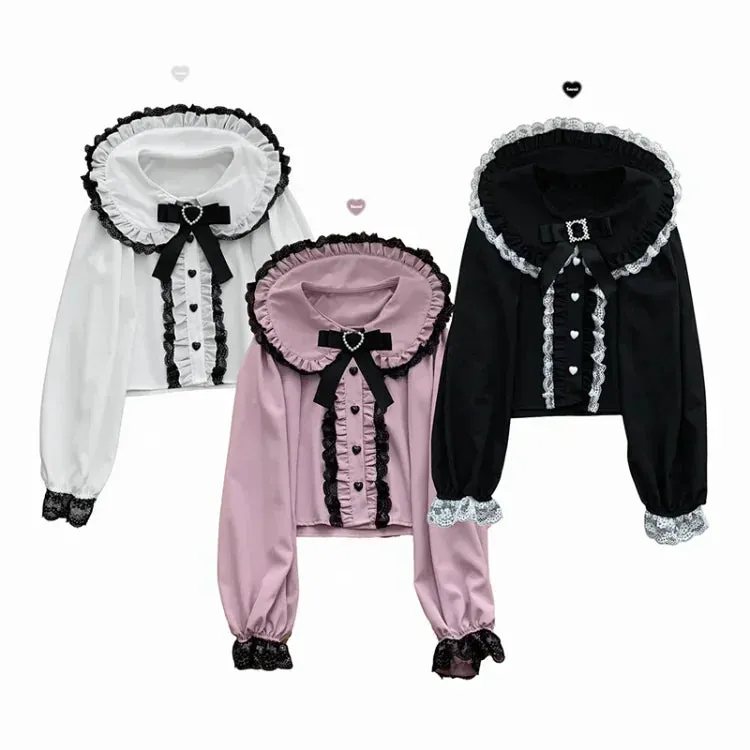 Joskaa Japanese Sweet Peter Pan Collar Bow Shirts Women Spring New Heart Button Blouses Y2k Aesthetics Long Sleeve Lace Blusas Mujer
