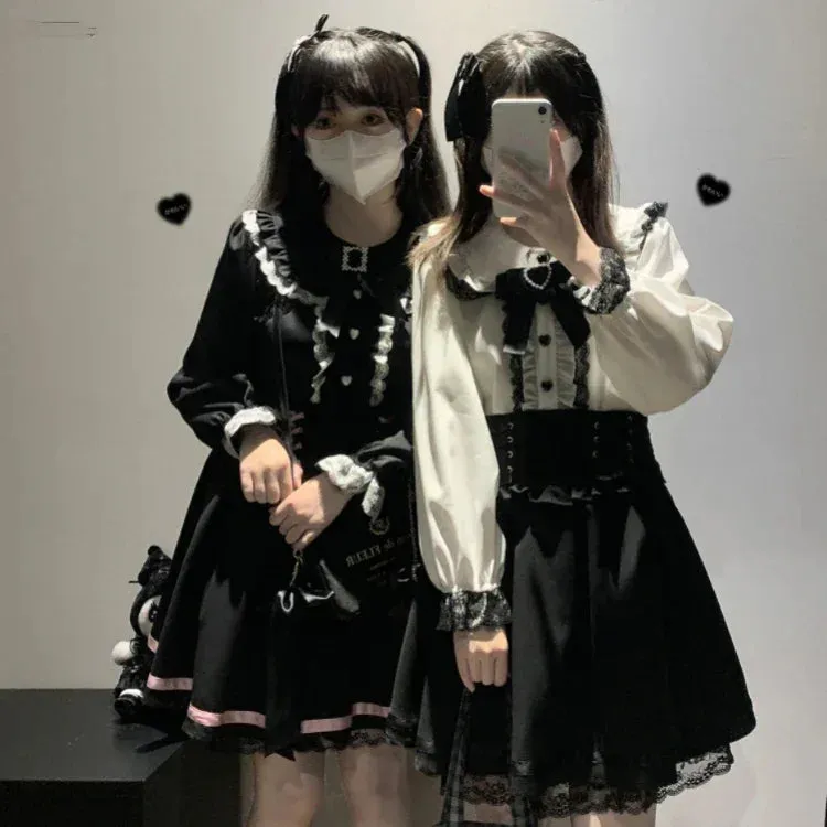 Joskaa Japanese Sweet Peter Pan Collar Bow Shirts Women Spring New Heart Button Blouses Y2k Aesthetics Long Sleeve Lace Blusas Mujer