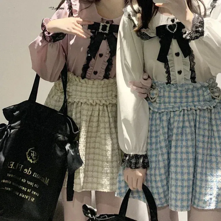 Joskaa Japanese Sweet Peter Pan Collar Bow Shirts Women Spring New Heart Button Blouses Y2k Aesthetics Long Sleeve Lace Blusas Mujer