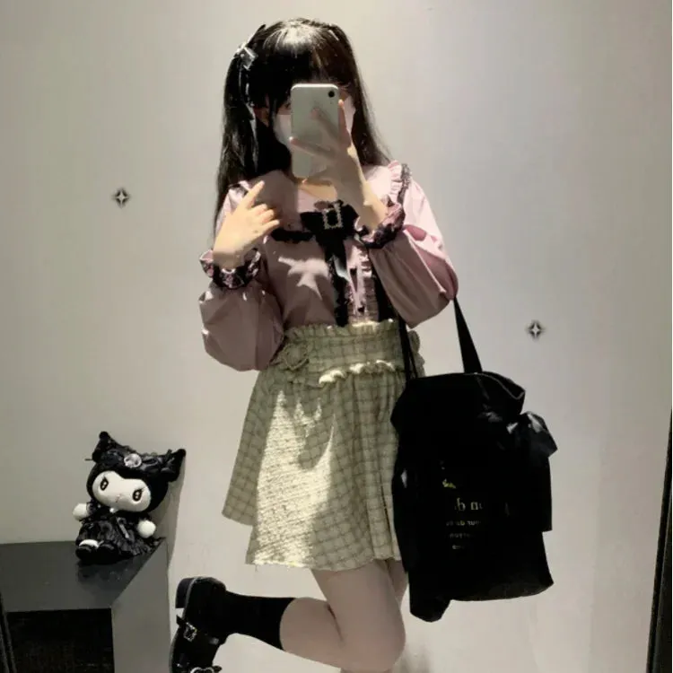Joskaa Japanese Sweet Peter Pan Collar Bow Shirts Women Spring New Heart Button Blouses Y2k Aesthetics Long Sleeve Lace Blusas Mujer