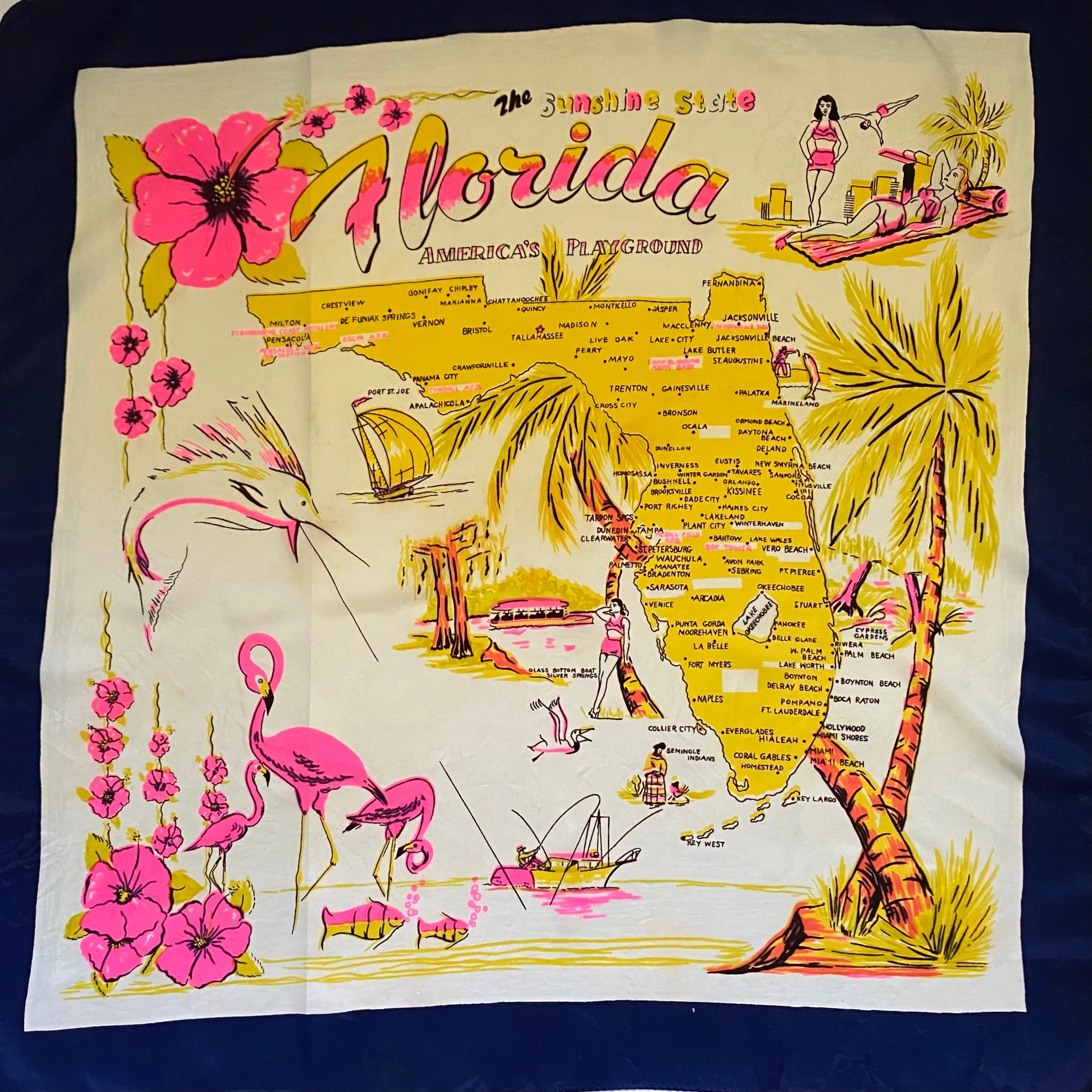 Late 60s/ Early 70s Hand Screen Printed Florida Scarf