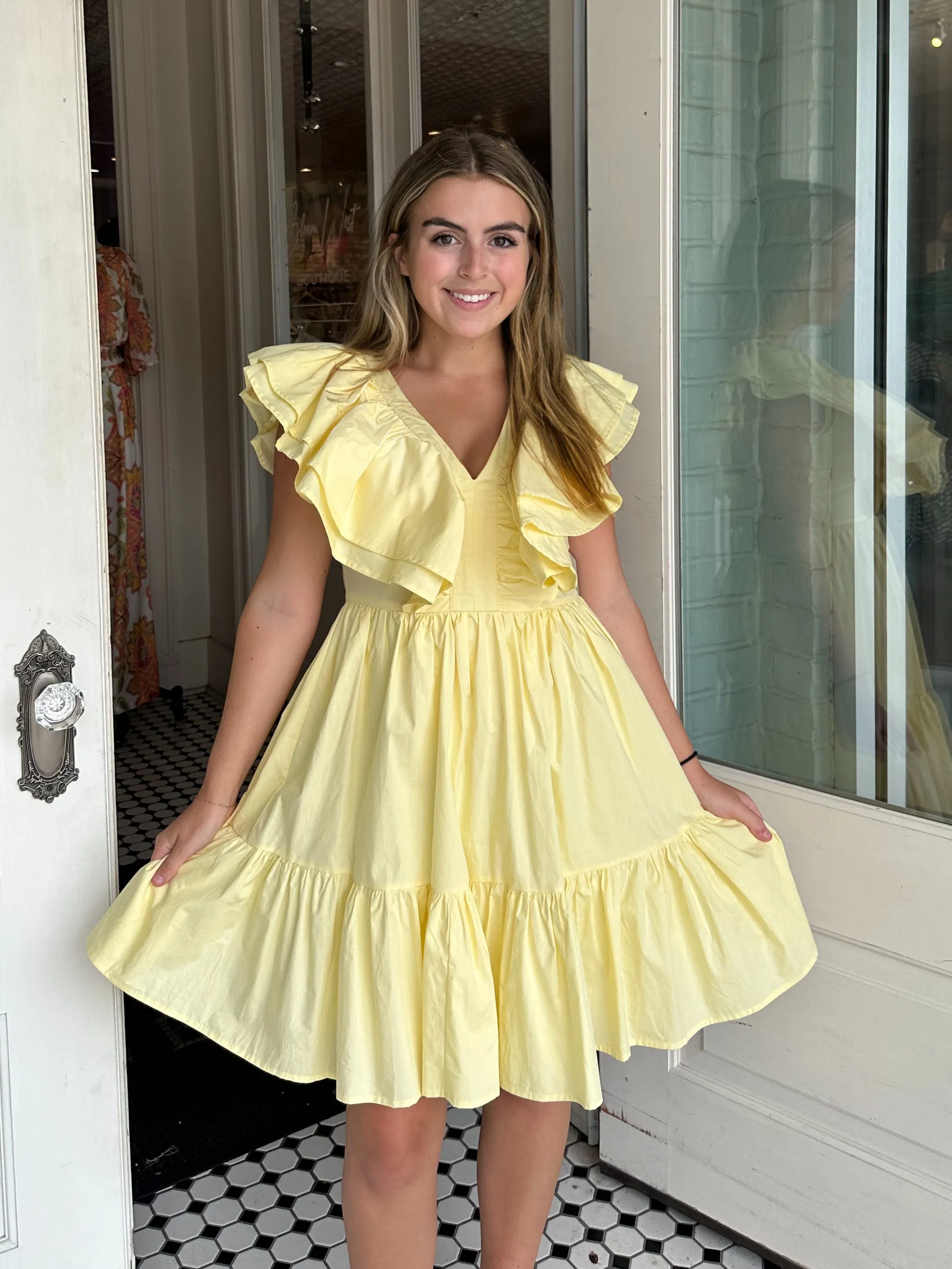 Lief Butterfly Sleeve Woven Jacquard Neck Dress