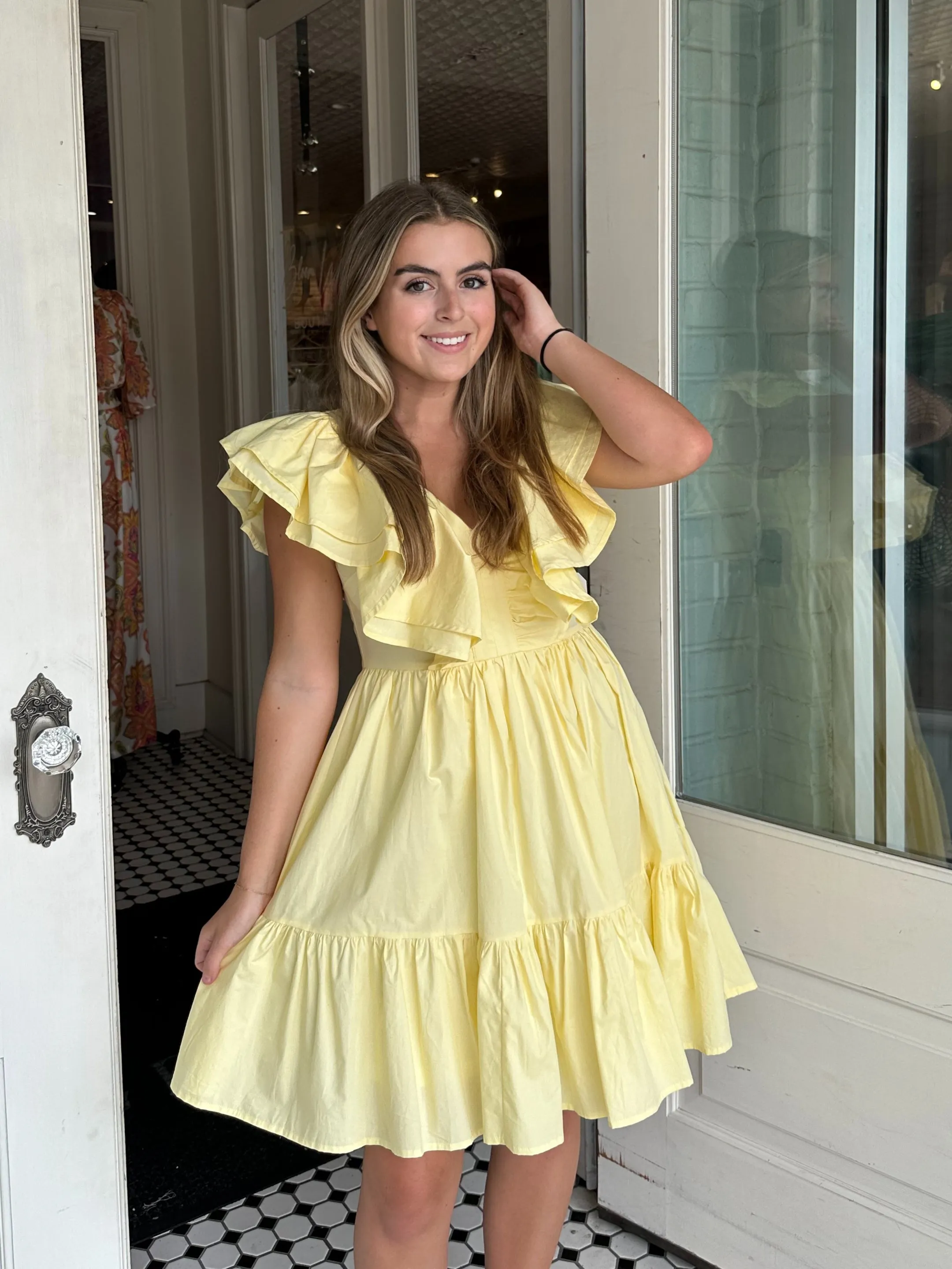 Lief Butterfly Sleeve Woven Jacquard Neck Dress