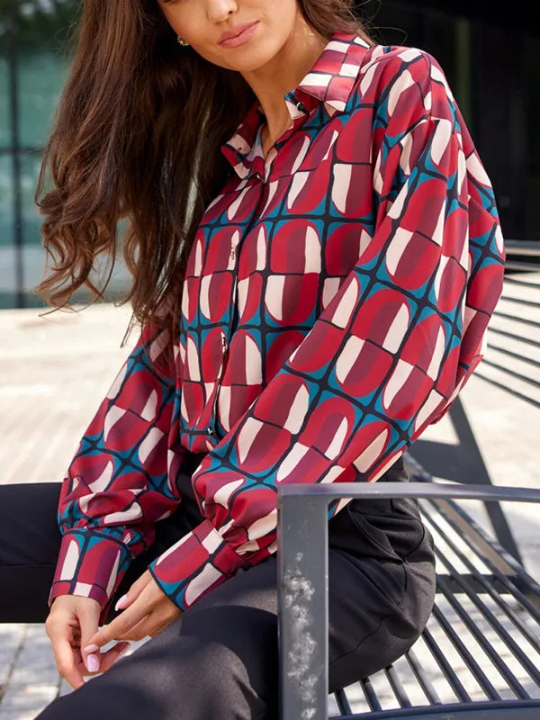 Long Sleeves Loose Printed Lapel Blouses&Shirts Tops