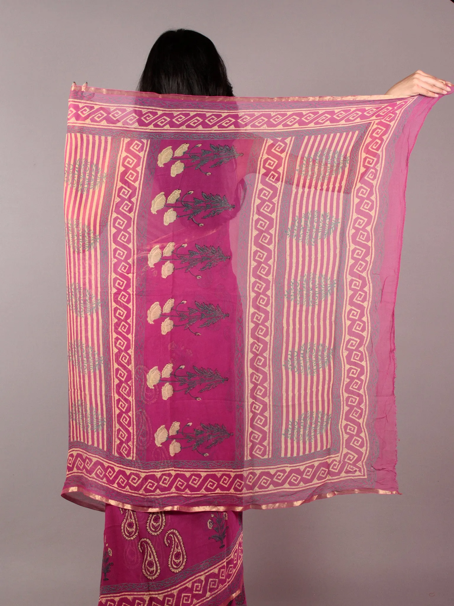 Magenta Green Yellow Hand Block Printed Chiffon Saree - S031701838