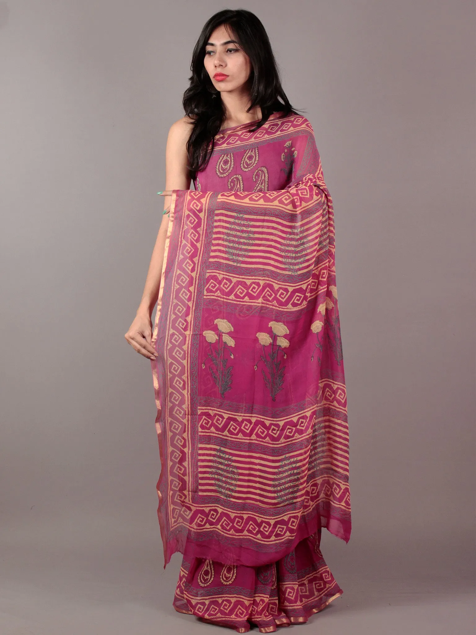 Magenta Green Yellow Hand Block Printed Chiffon Saree - S031701838