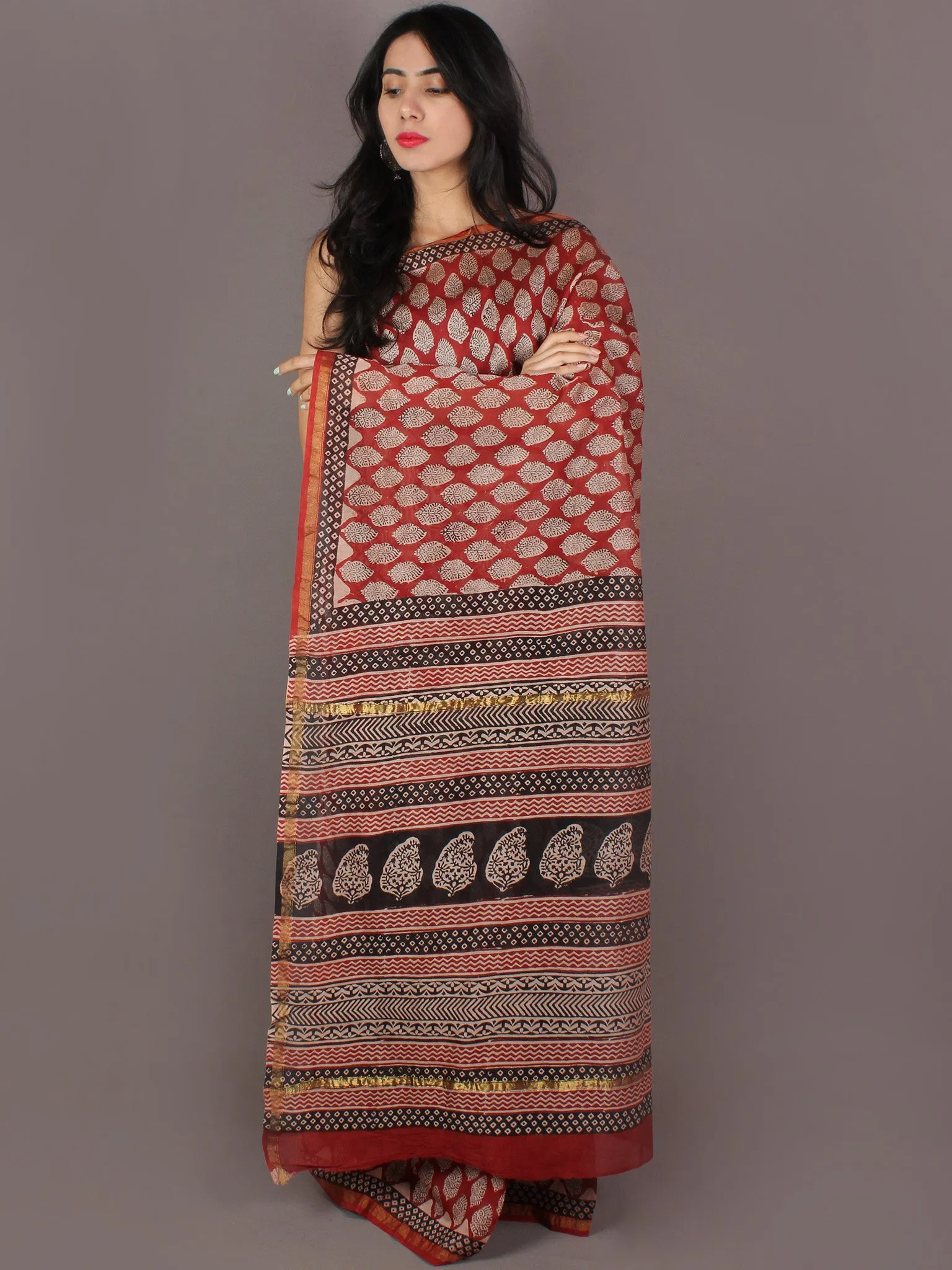 Maroon Ivory Black Hand Block Printed in Natural Colors Chanderi Saree - S03170999