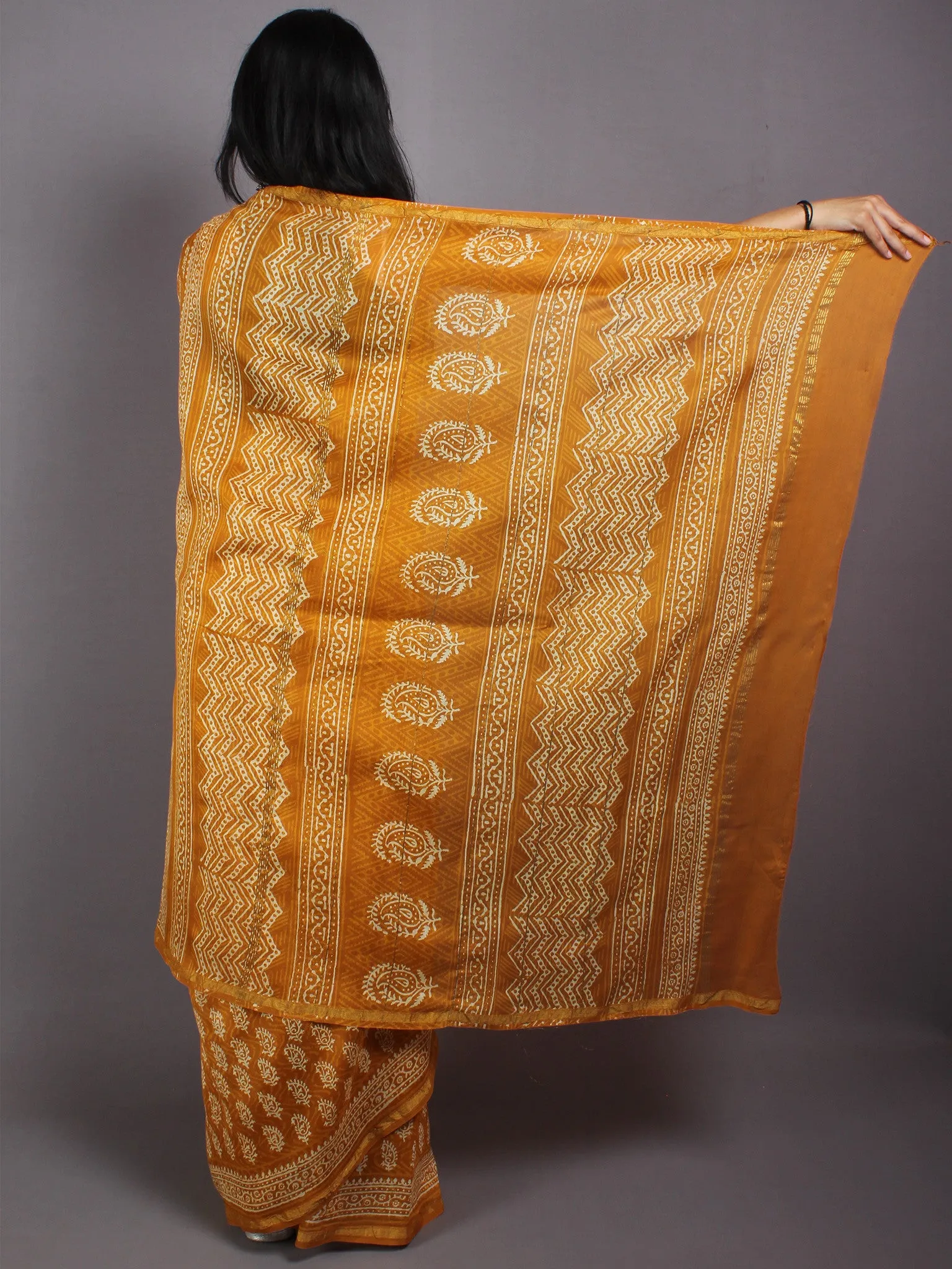 Mustard Yellow Beige Hand Block Bagru Printed in Natural Vegetable Colors Chanderi Saree - S03170556