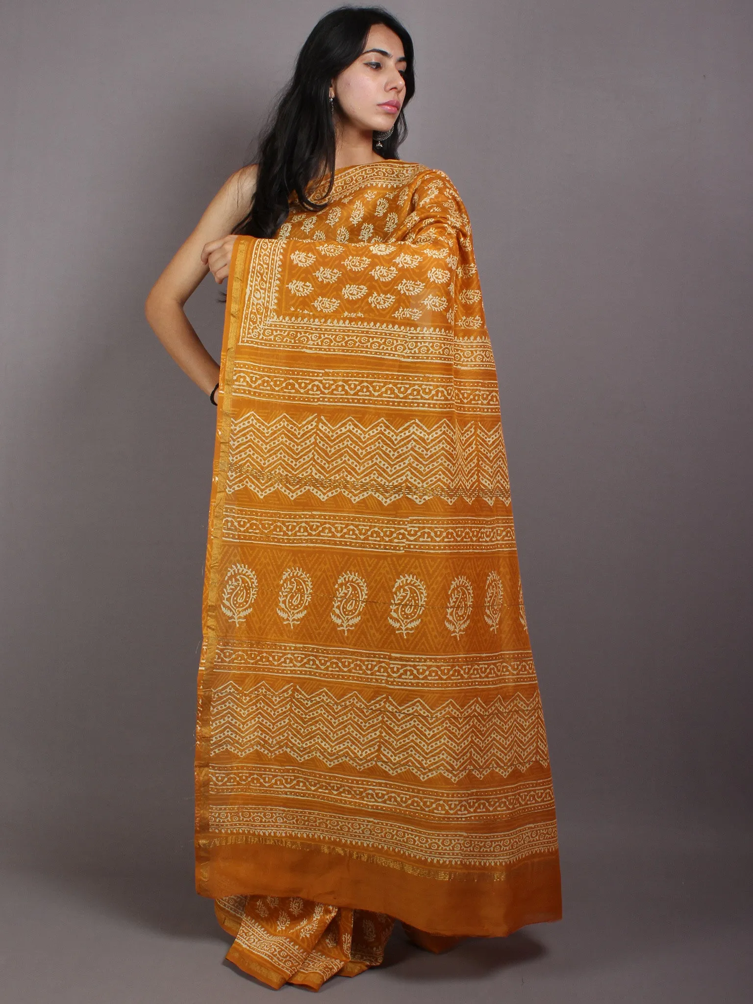 Mustard Yellow Beige Hand Block Bagru Printed in Natural Vegetable Colors Chanderi Saree - S03170556