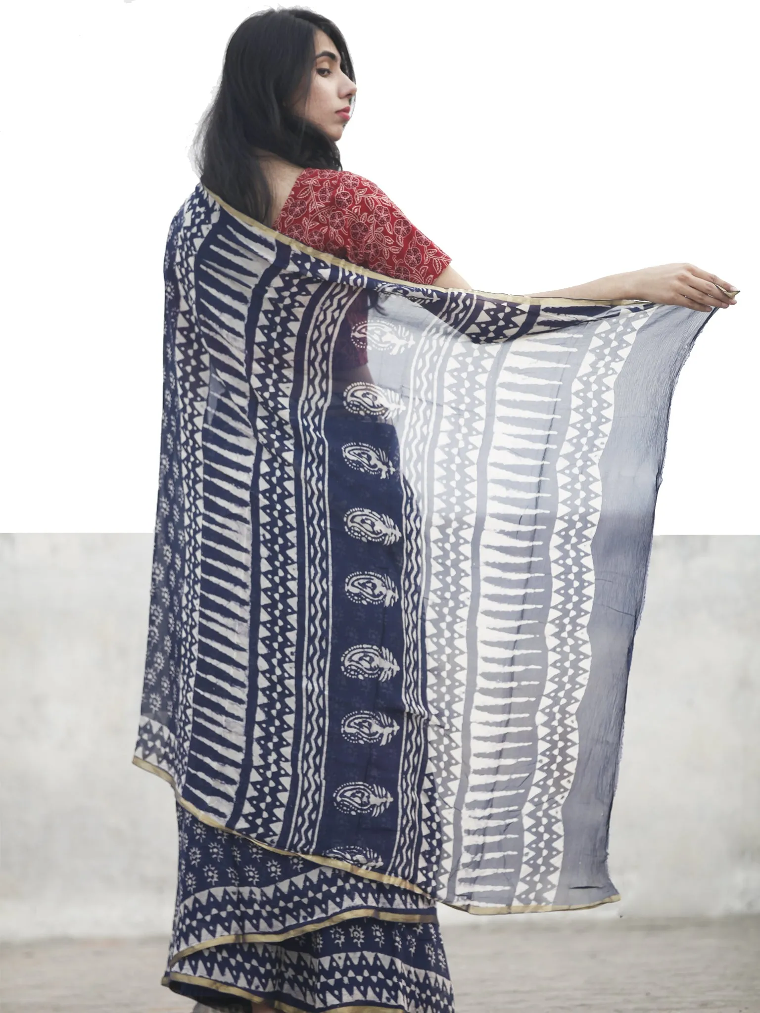 Navy Blue White Hand Block Printed Chiffon Saree With Zari Border - S031702610