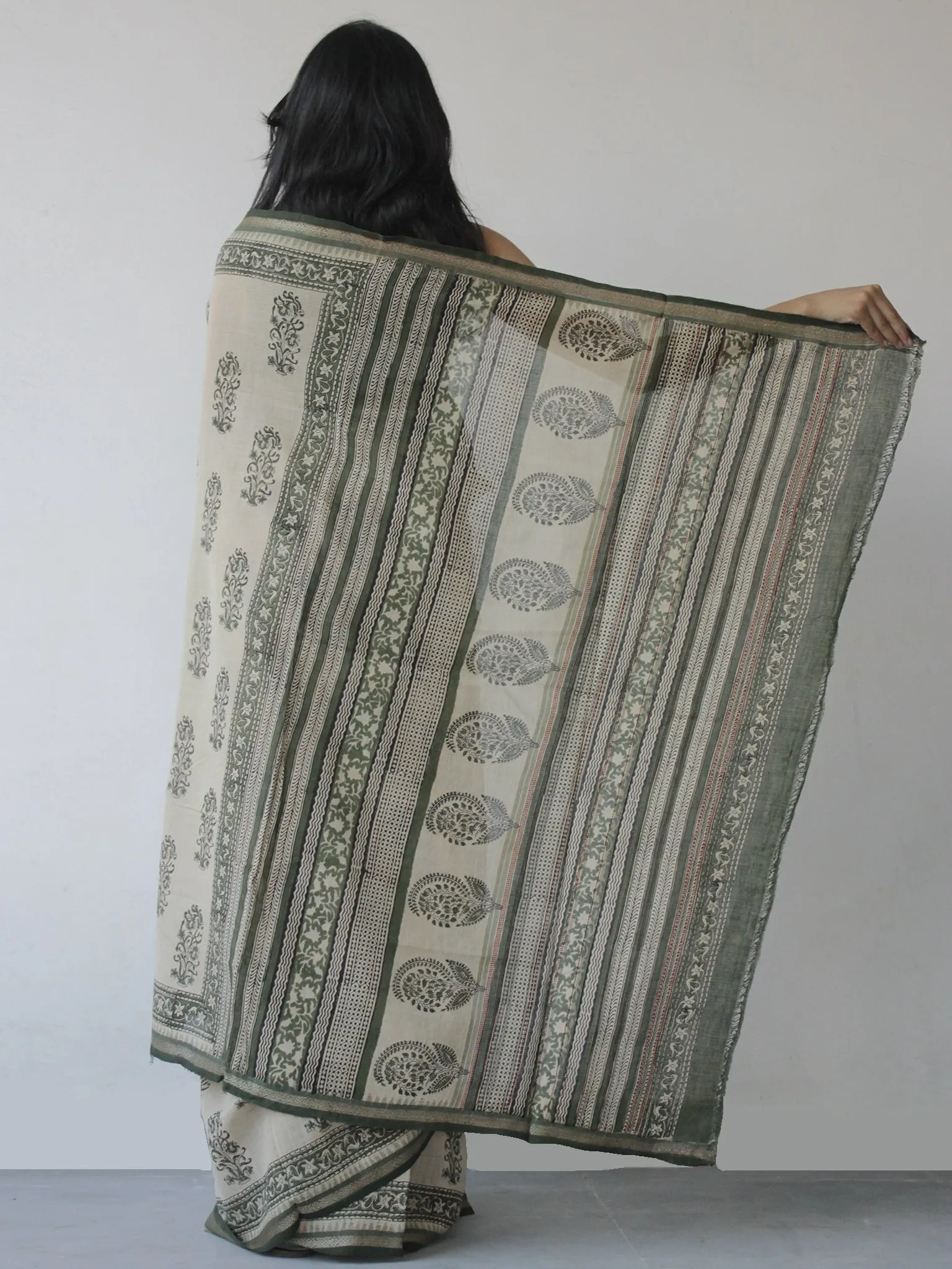Off White Green Black Handloom Cotton Hand Block Printed Handloom Saree in Natural Dyes - S031702511