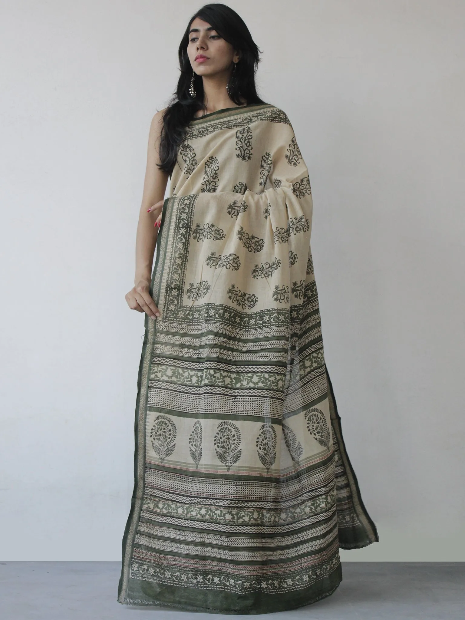 Off White Green Black Handloom Cotton Hand Block Printed Handloom Saree in Natural Dyes - S031702511