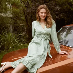 Polka Dot Elegant Long Sleeve Vintage Green V-neck Sash Wrap Dress
