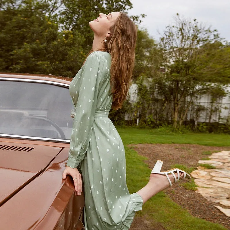 Polka Dot Elegant Long Sleeve Vintage Green V-neck Sash Wrap Dress