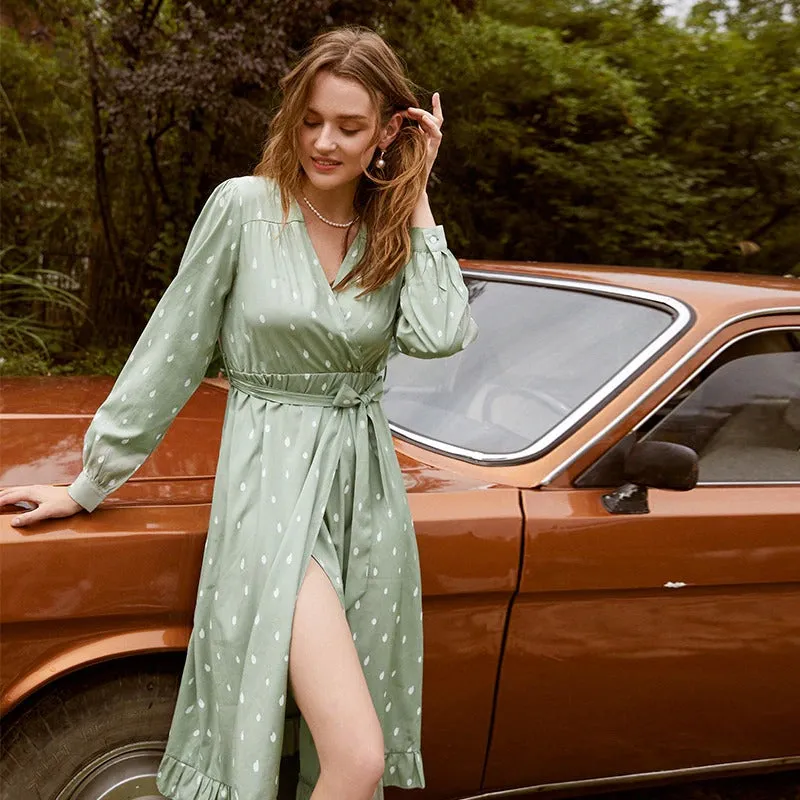 Polka Dot Elegant Long Sleeve Vintage Green V-neck Sash Wrap Dress