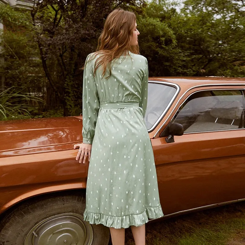 Polka Dot Elegant Long Sleeve Vintage Green V-neck Sash Wrap Dress