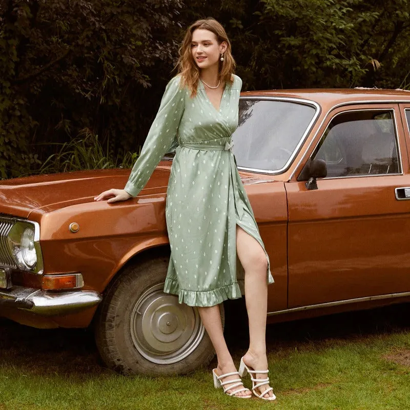 Polka Dot Elegant Long Sleeve Vintage Green V-neck Sash Wrap Dress