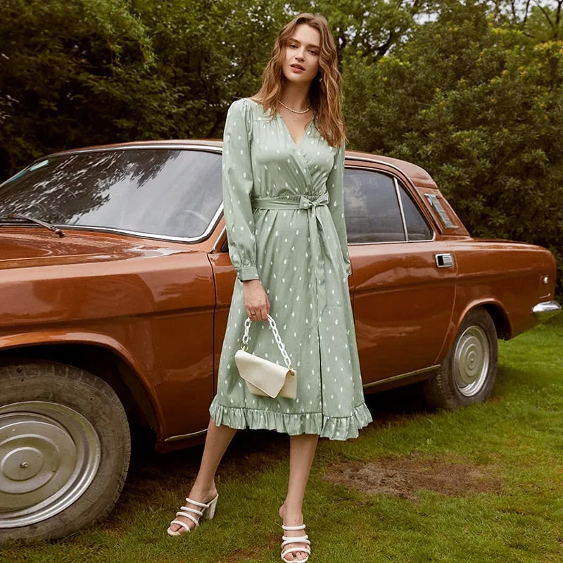 Polka Dot Elegant Long Sleeve Vintage Green V-neck Sash Wrap Dress