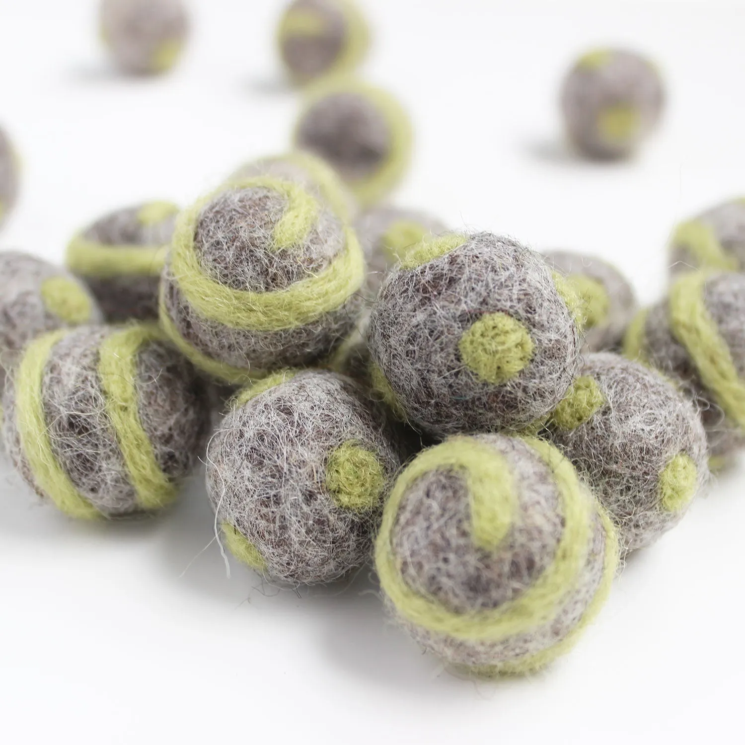 Polka Dot Swirl Felt Balls Olive Green On Natural Grey
