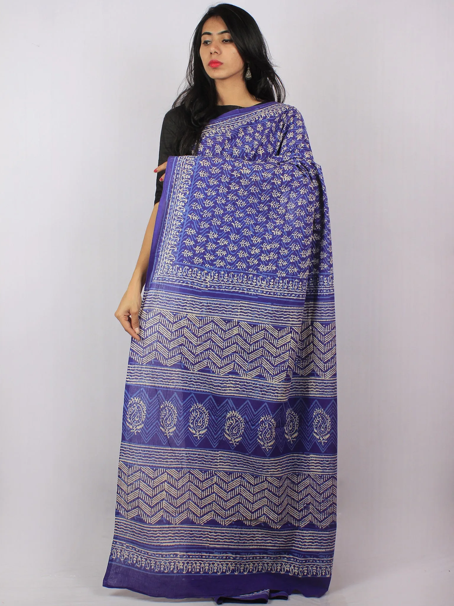 Purple Ivory Blue Hand Block Printed Cotton Saree in Natural Colors - S03170825