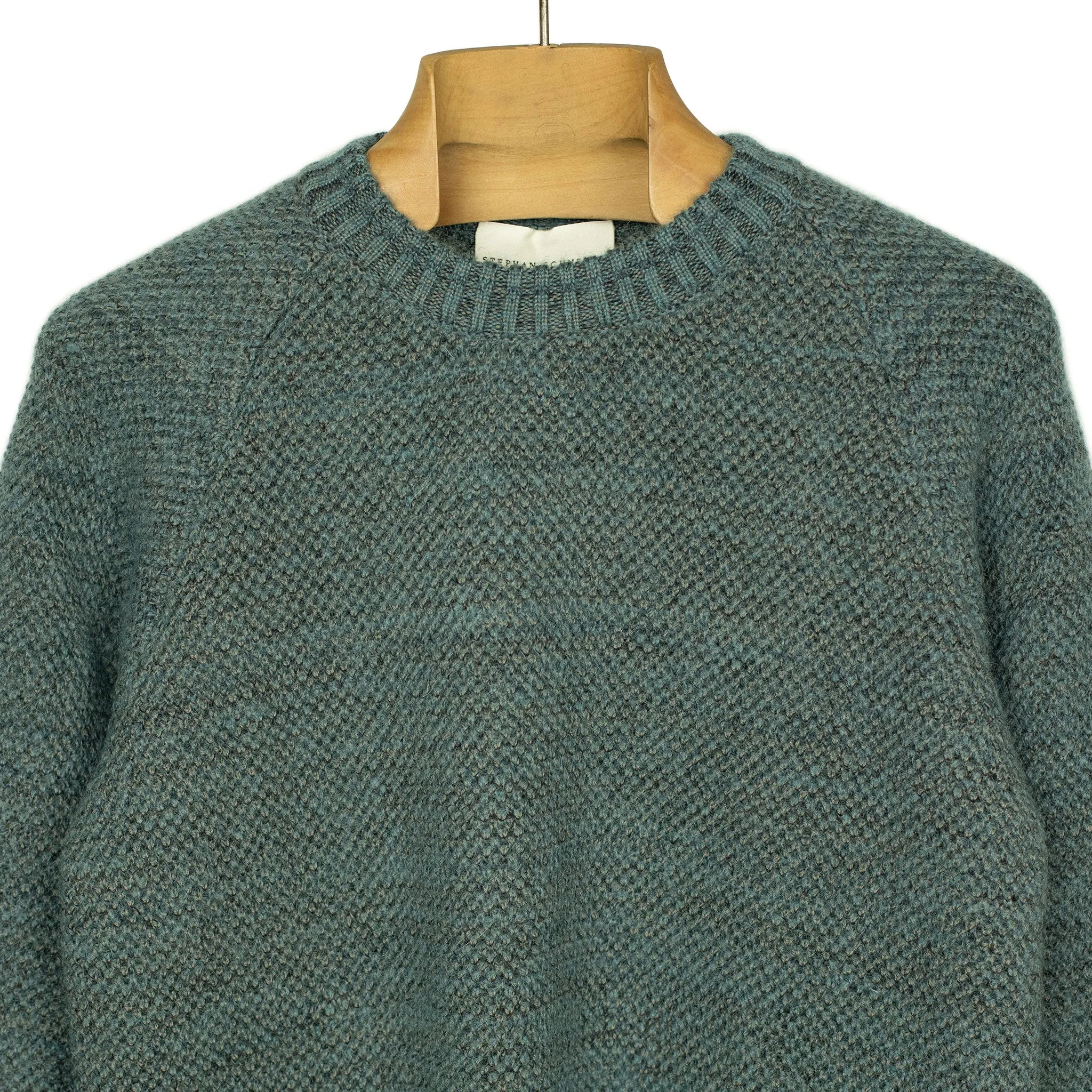 "Boucle" crewneck raglan sweater in "Petrol" wool mohair birdseye