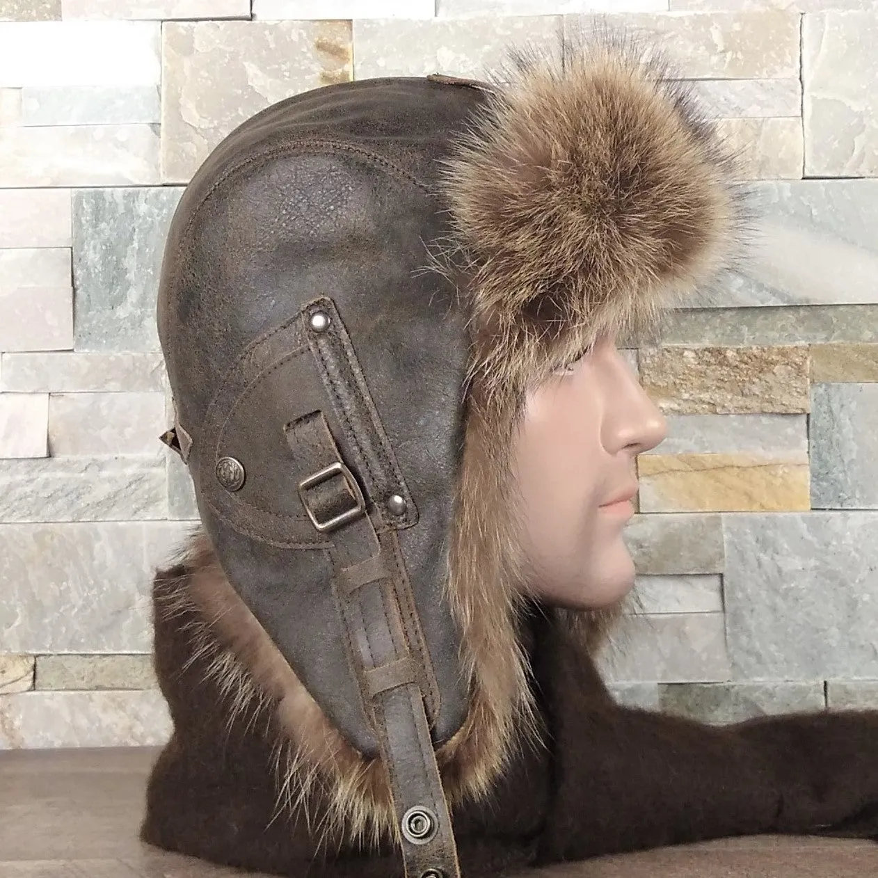 Raccoon Fur Aviator Hat, Antique Brown Leather - Antoine Model