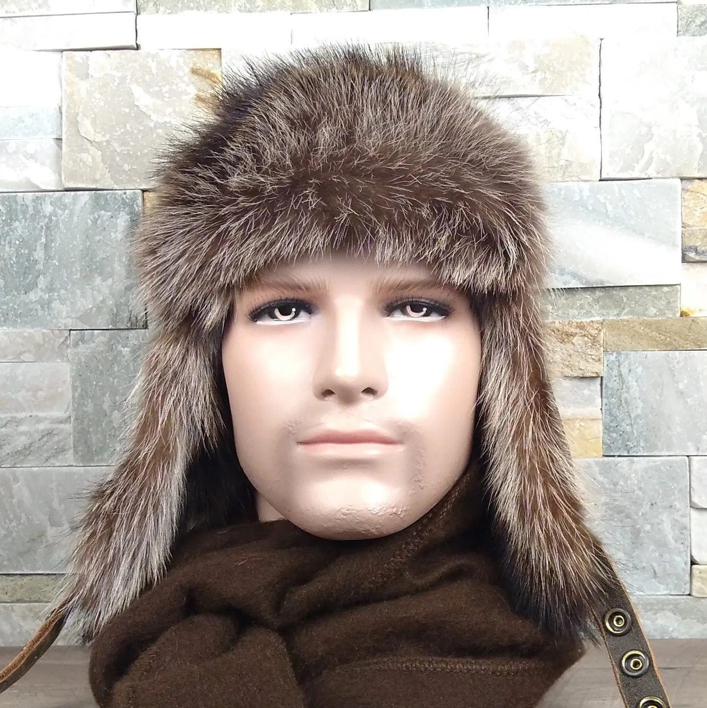 Raccoon Fur Aviator Hat, Antique Brown Leather - Antoine Model