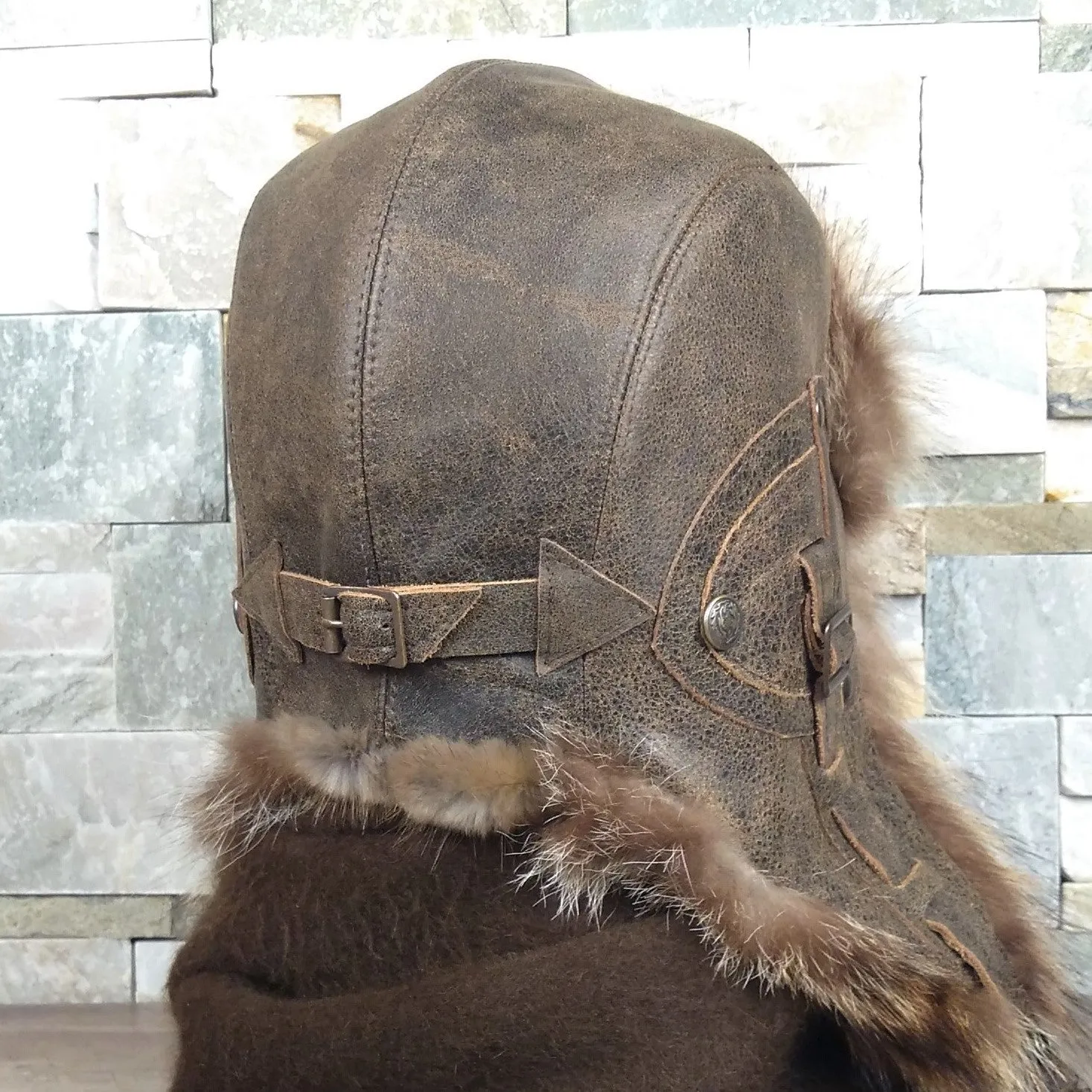 Raccoon Fur Aviator Hat, Antique Brown Leather - Antoine Model